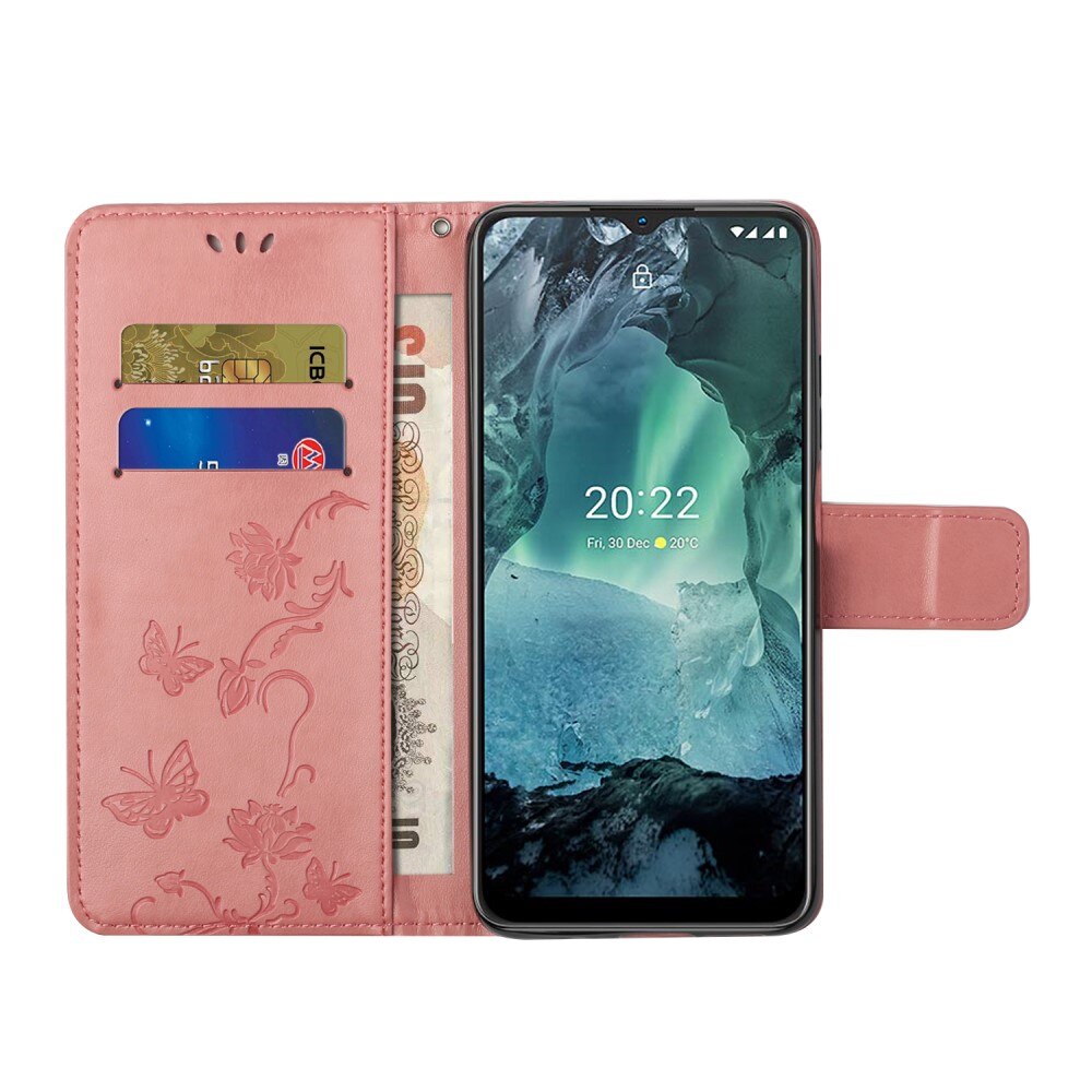 Nahkakotelo Perhonen  Nokia G11/Nokia G21 Vaaleanpunainen