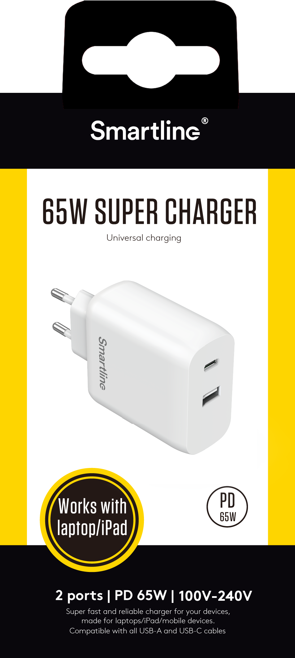 Dual PD Wall Charger GaN 65W USB-C+A valkoinen