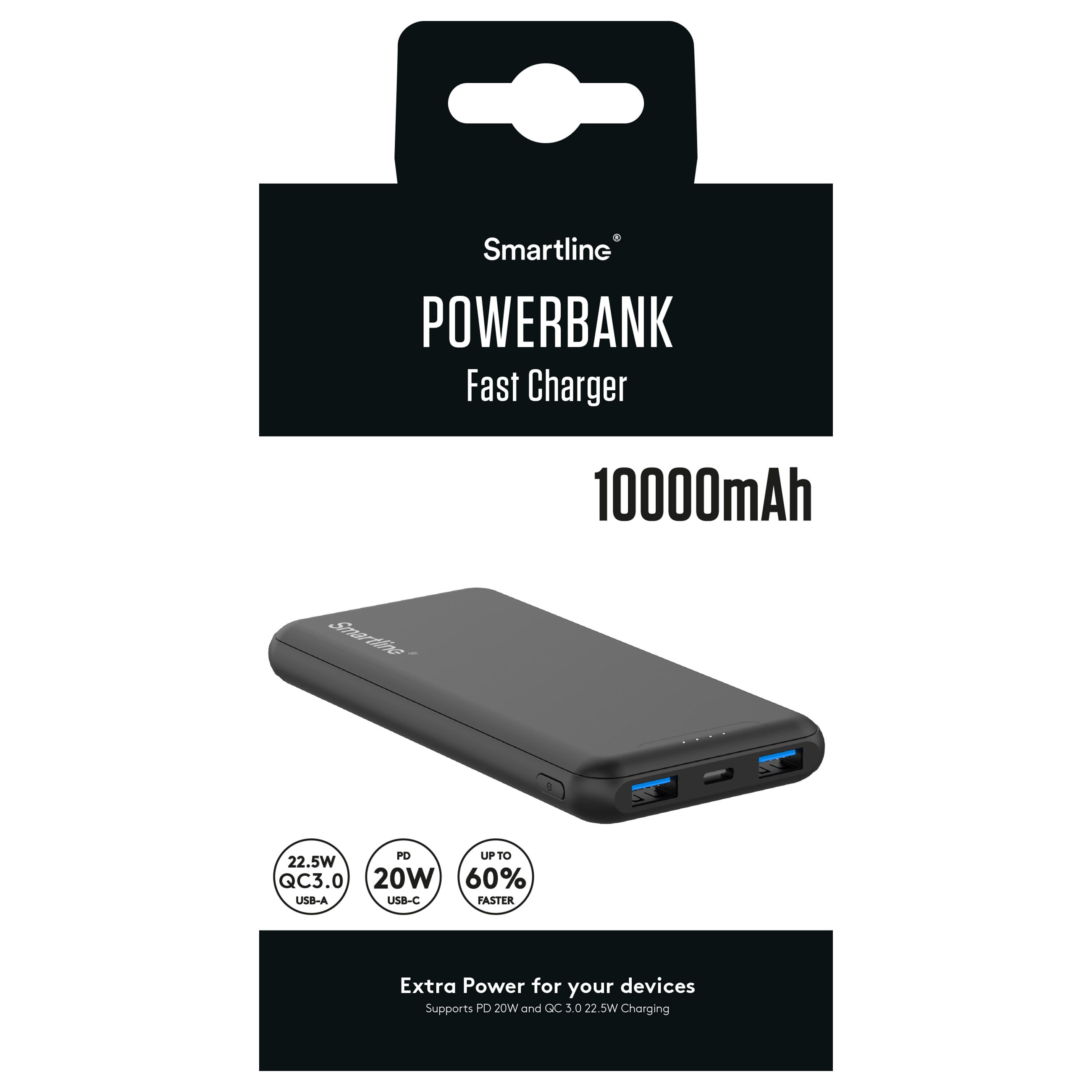 Powerbank 10000 mAh USB-A + USB-C PD musta