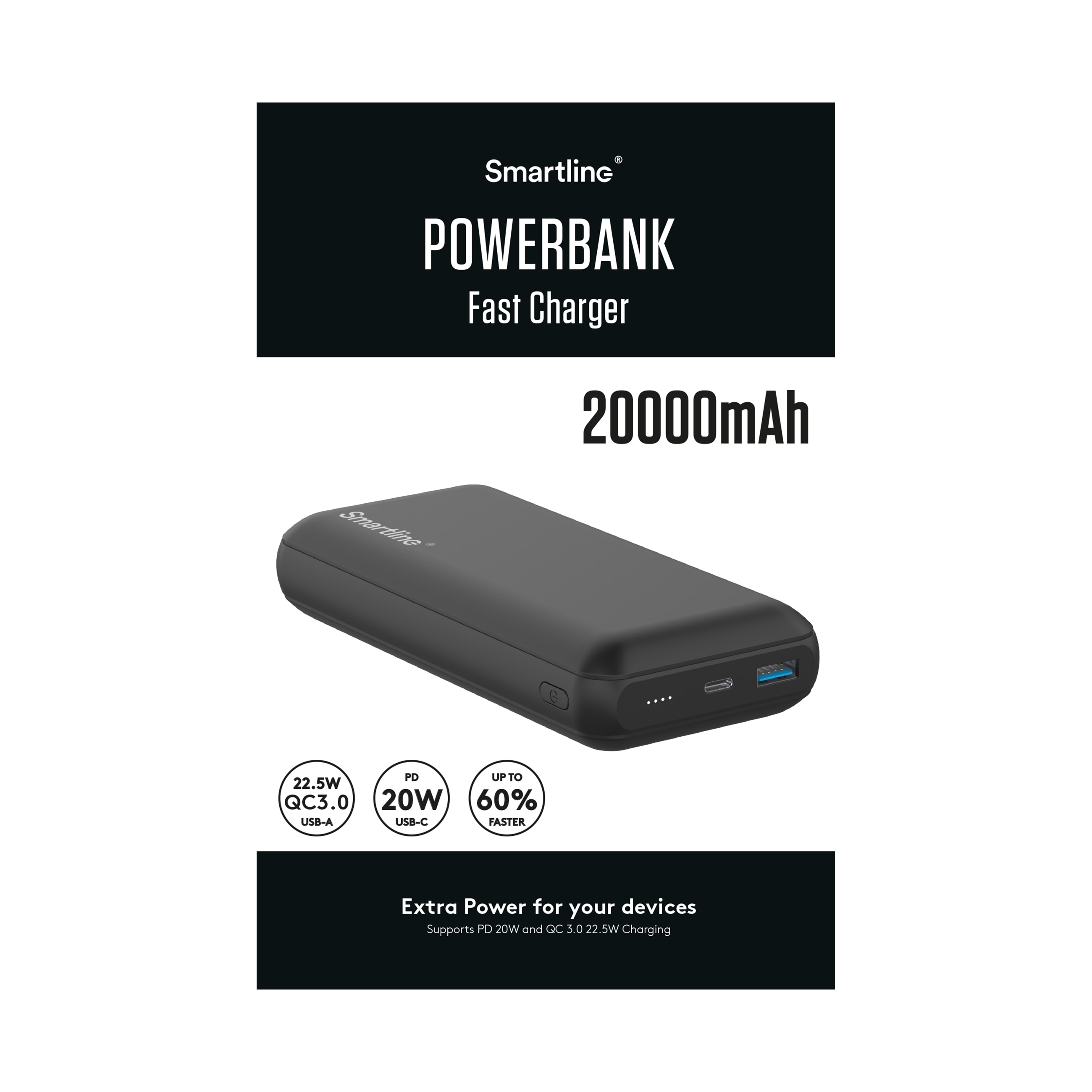 Powerbank 20000 mAh USB-A + USB-C PD musta
