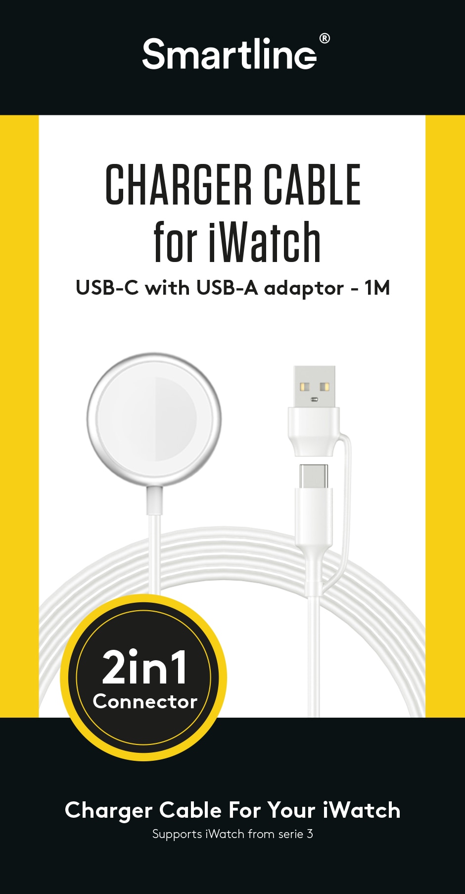 Apple Watchin magneettinen laturi  USB-C/USB-A 1m 2.5W valkoinen
