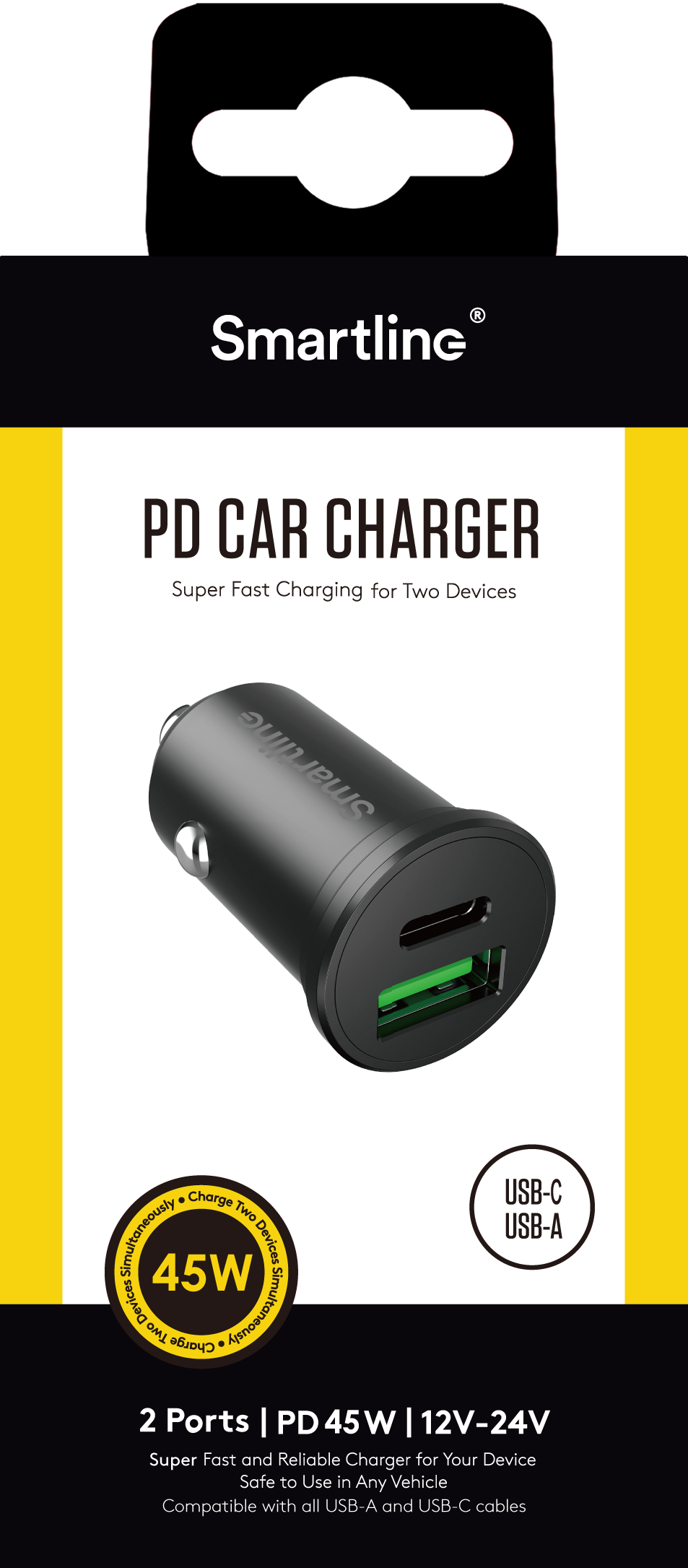 PD Dual Car Charger USB-C + USB-A 45W 12V-24V musta