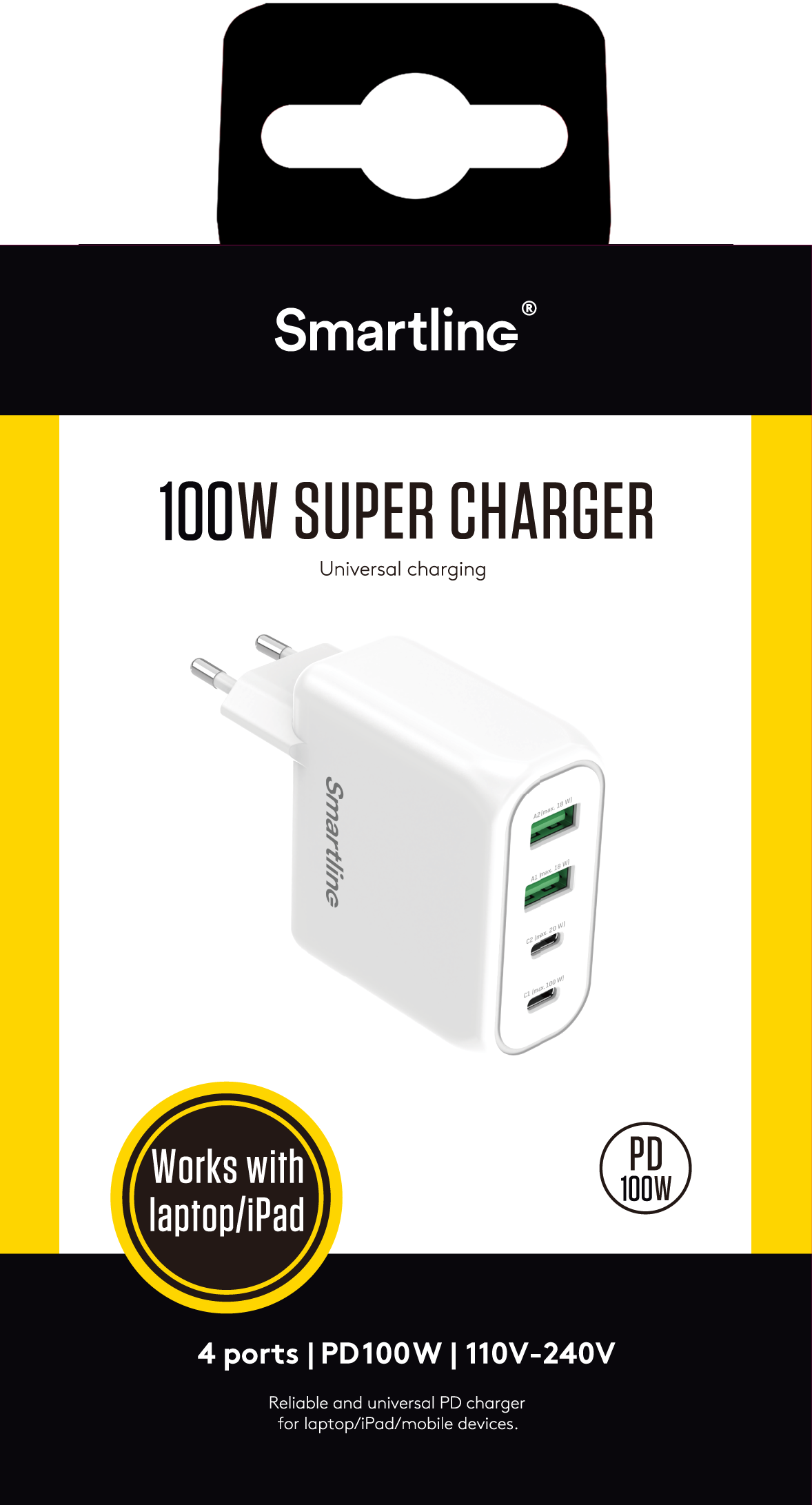 Seinälaturi PD 100W 4 Port USB-C + USB-A valkoinen