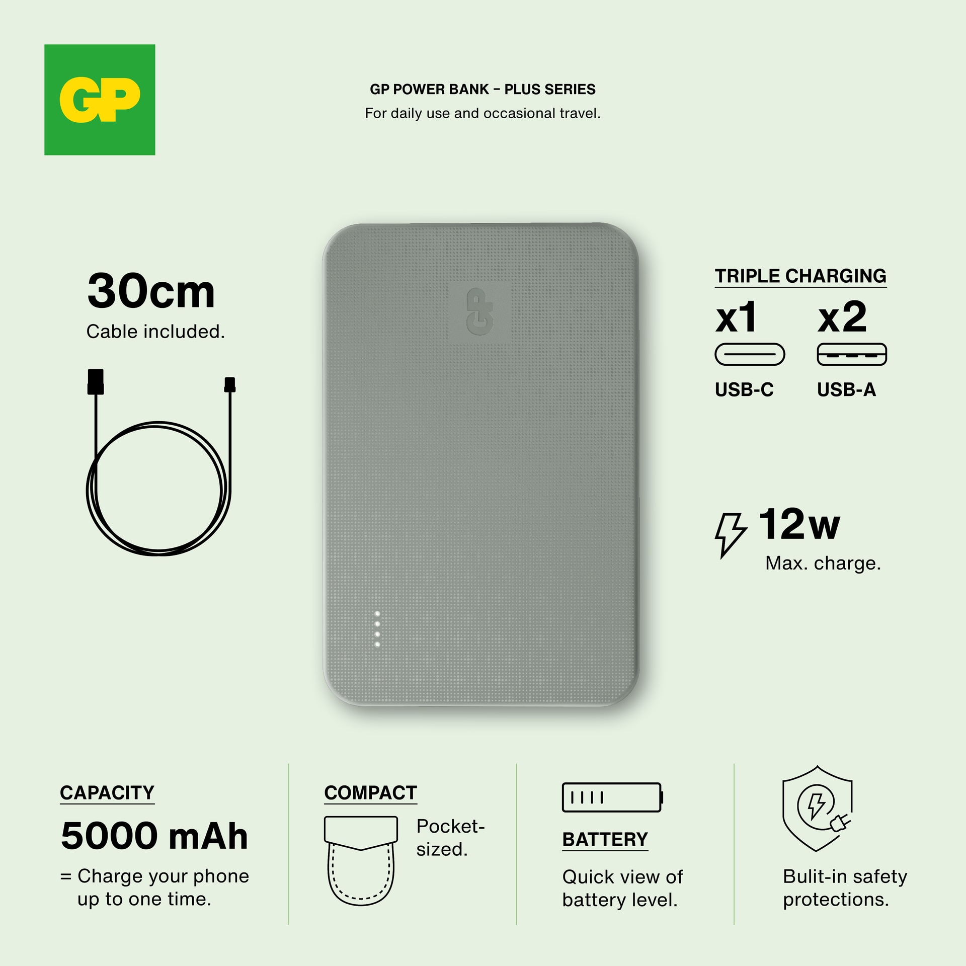 Powerbank Plus 5000mAh Harmaa