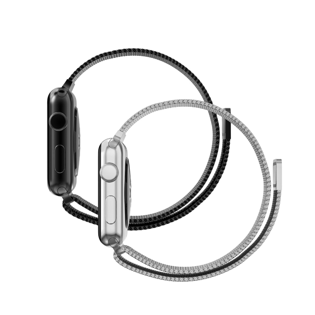 Apple Watch 44mm Setti Ranneke Milanese Loop musta & hopea