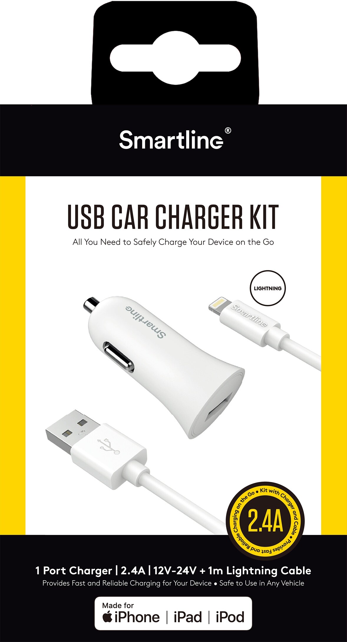 Autolaturi USB+ 1M Lightning Kaapeli Valkoinen