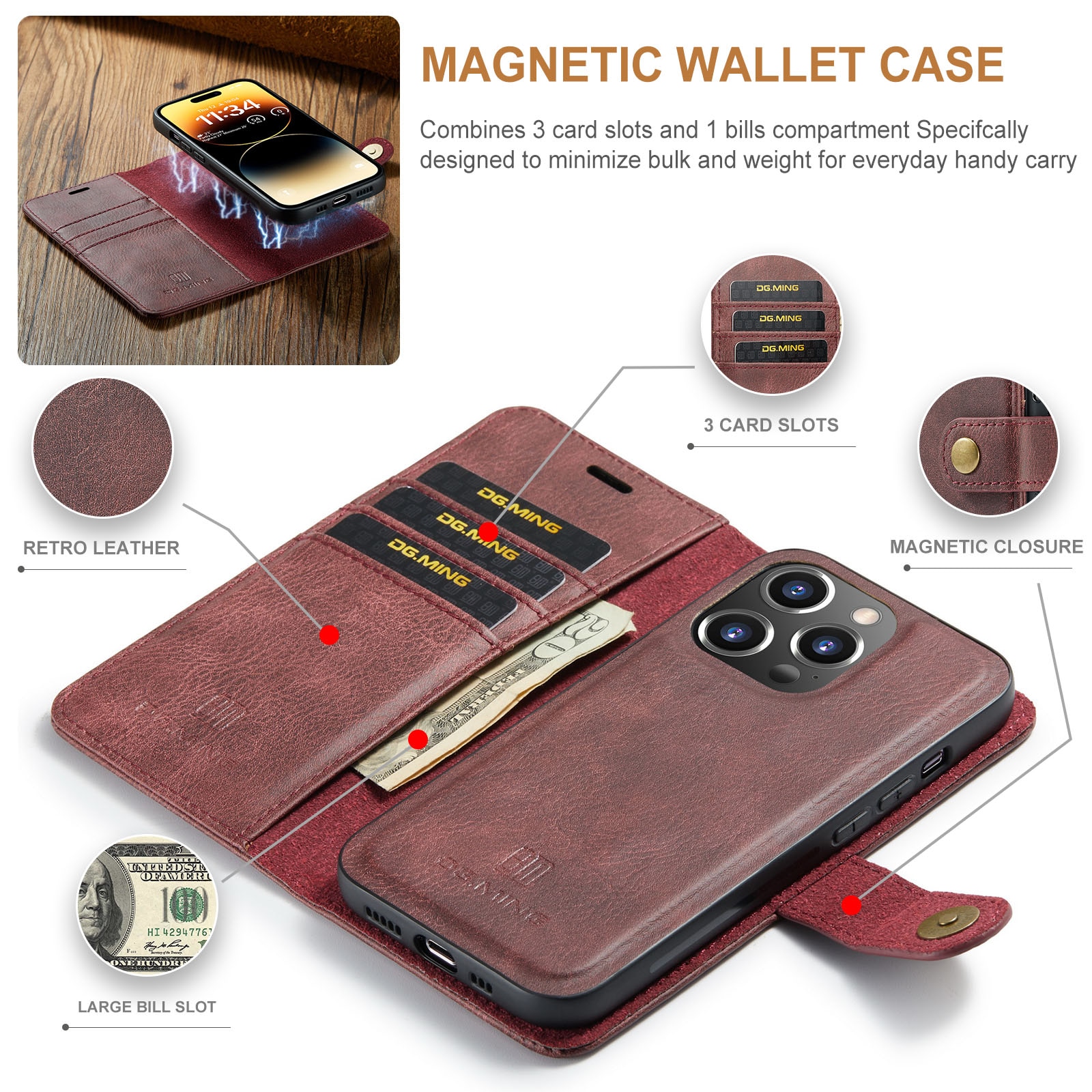 Magnet Wallet iPhone 15 Pro Max Red