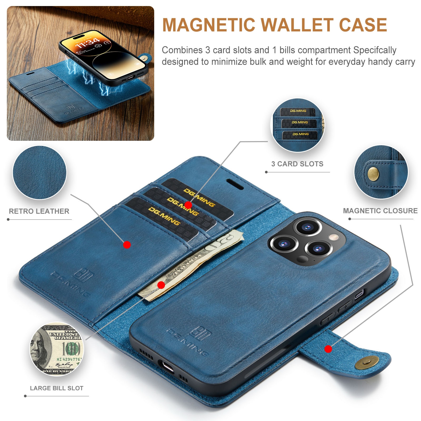 Magnet Wallet iPhone 14 Pro Max Blue