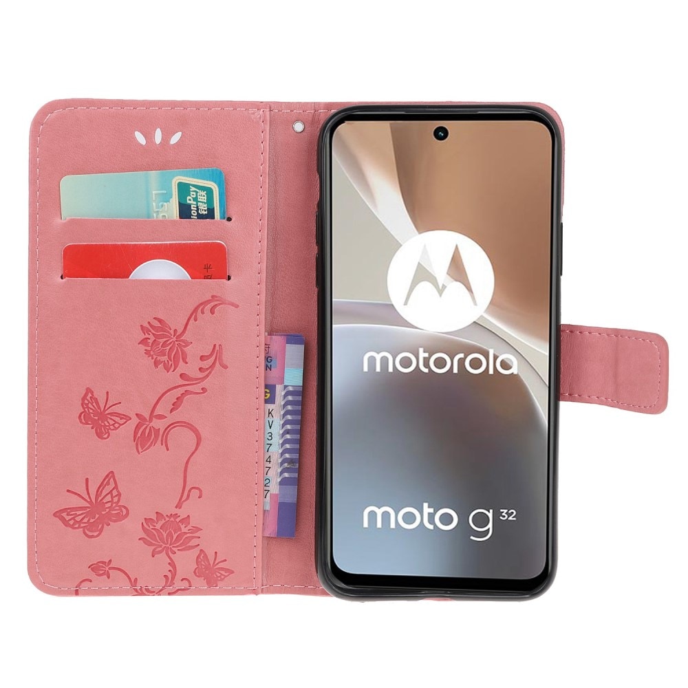 Nahkakotelo Perhonen Motorola Moto G32 vaaleanpunainen