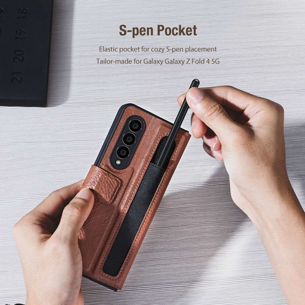 Leather Case with Pen Slot Samsung Galaxy Z Fold 4 ruskea