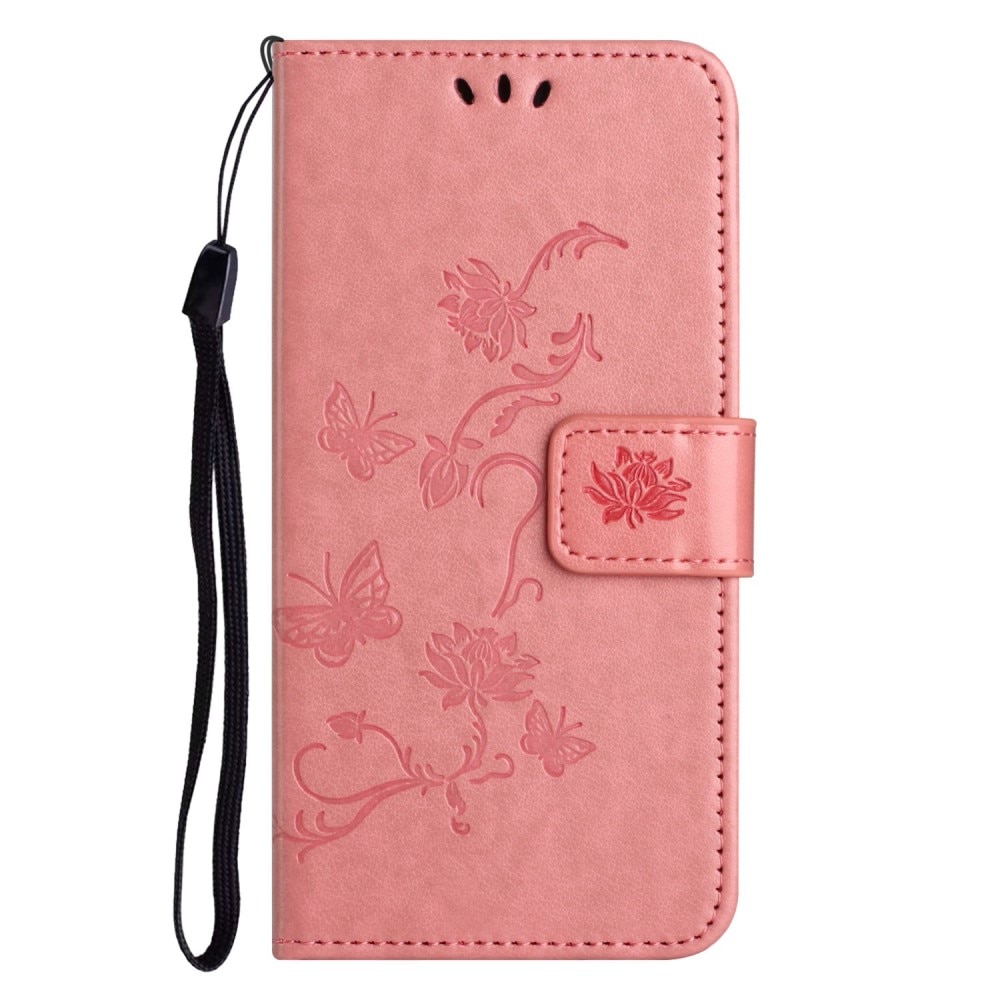 Nahkakotelo Perhonen iPhone 14 vaaleanpunainen