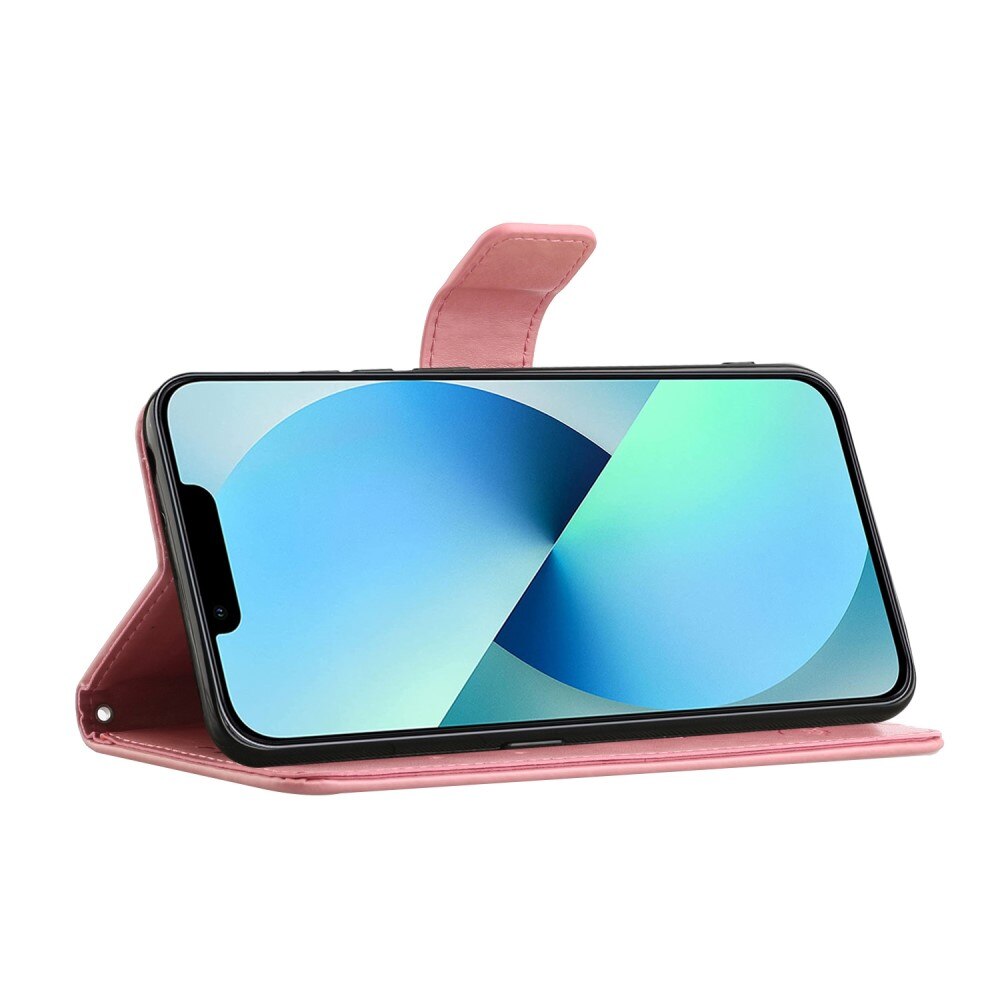 Nahkakotelo Perhonen iPhone 14 Pro vaaleanpunainen