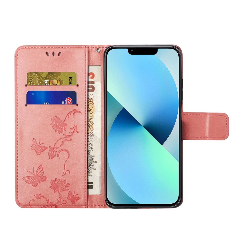 Nahkakotelo Perhonen iPhone 14 Plus Vaaleanpunainen