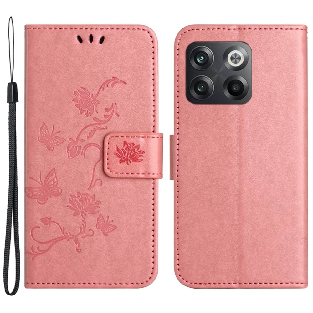 Nahkakotelo Perhonen OnePlus 10T vaaleanpunainen