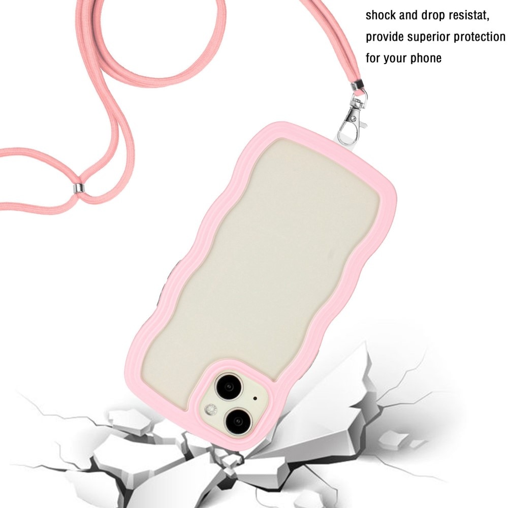 Wavy Edge Kuori kaulahihnalla iPhone 14 vaaleanpunainen