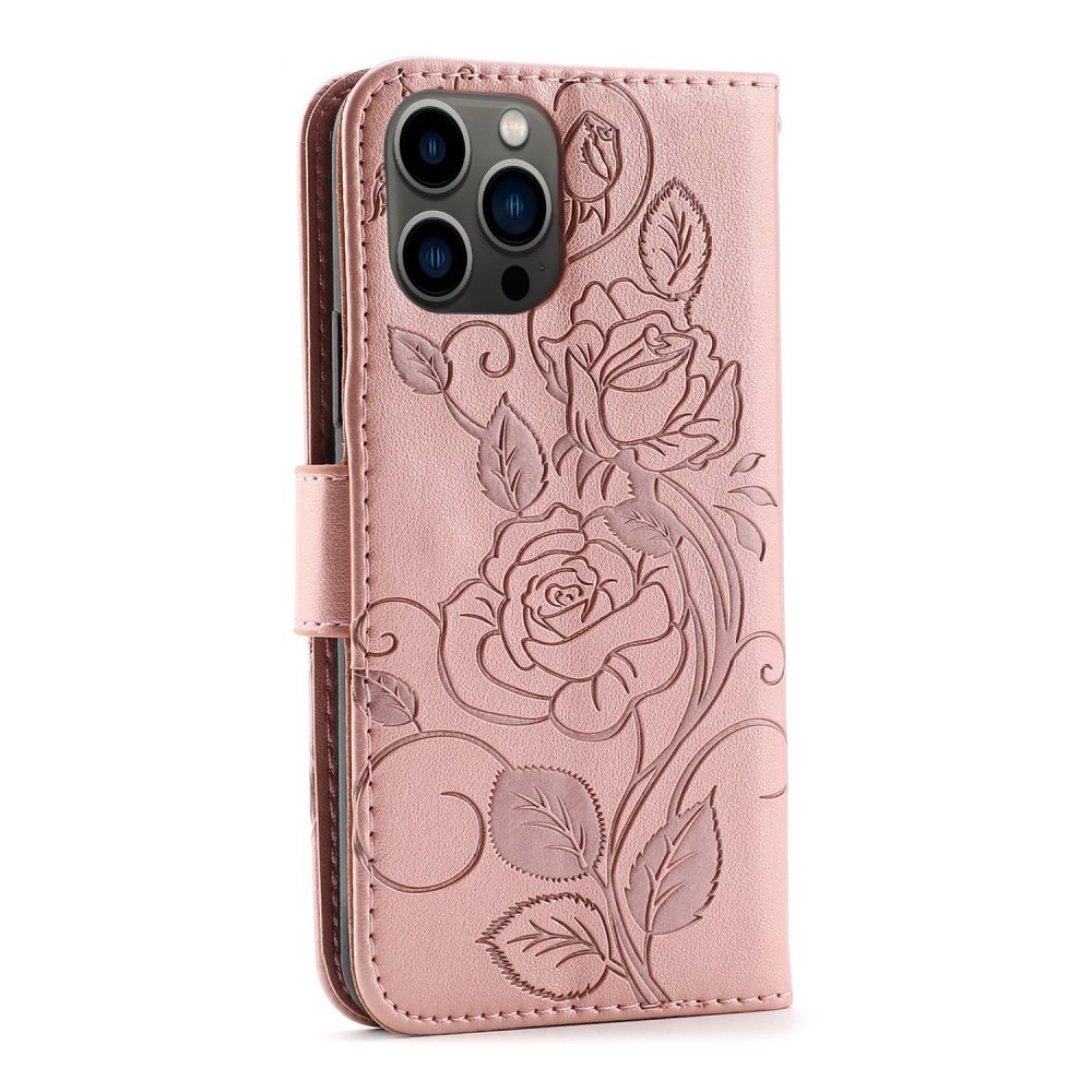 Nahkakotelo Ruusuja iPhone 12/12 Pro vaaleanpunainen kulta