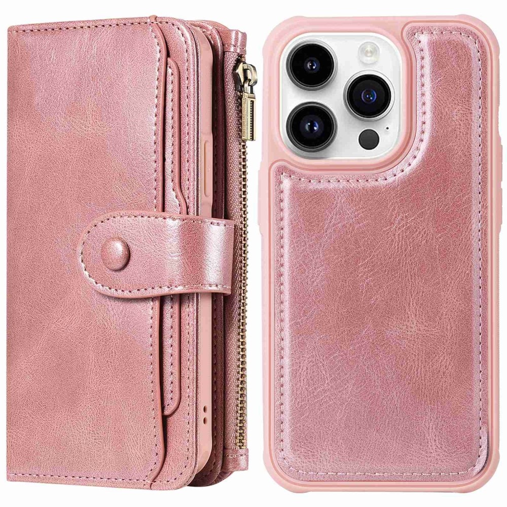 Magnet Leather Multi-Wallet iPhone 14 Pro vaaleanpunainen