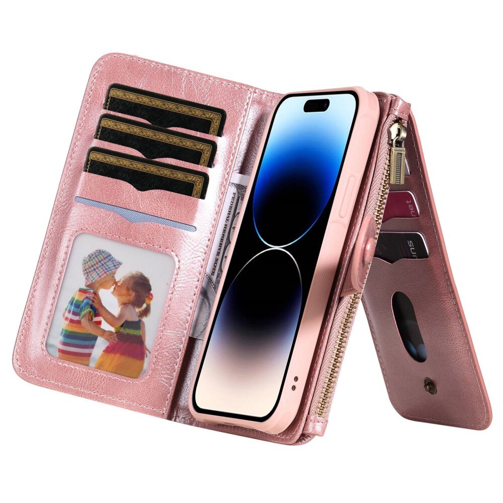 Magnet Leather Multi-Wallet iPhone 14 Pro vaaleanpunainen