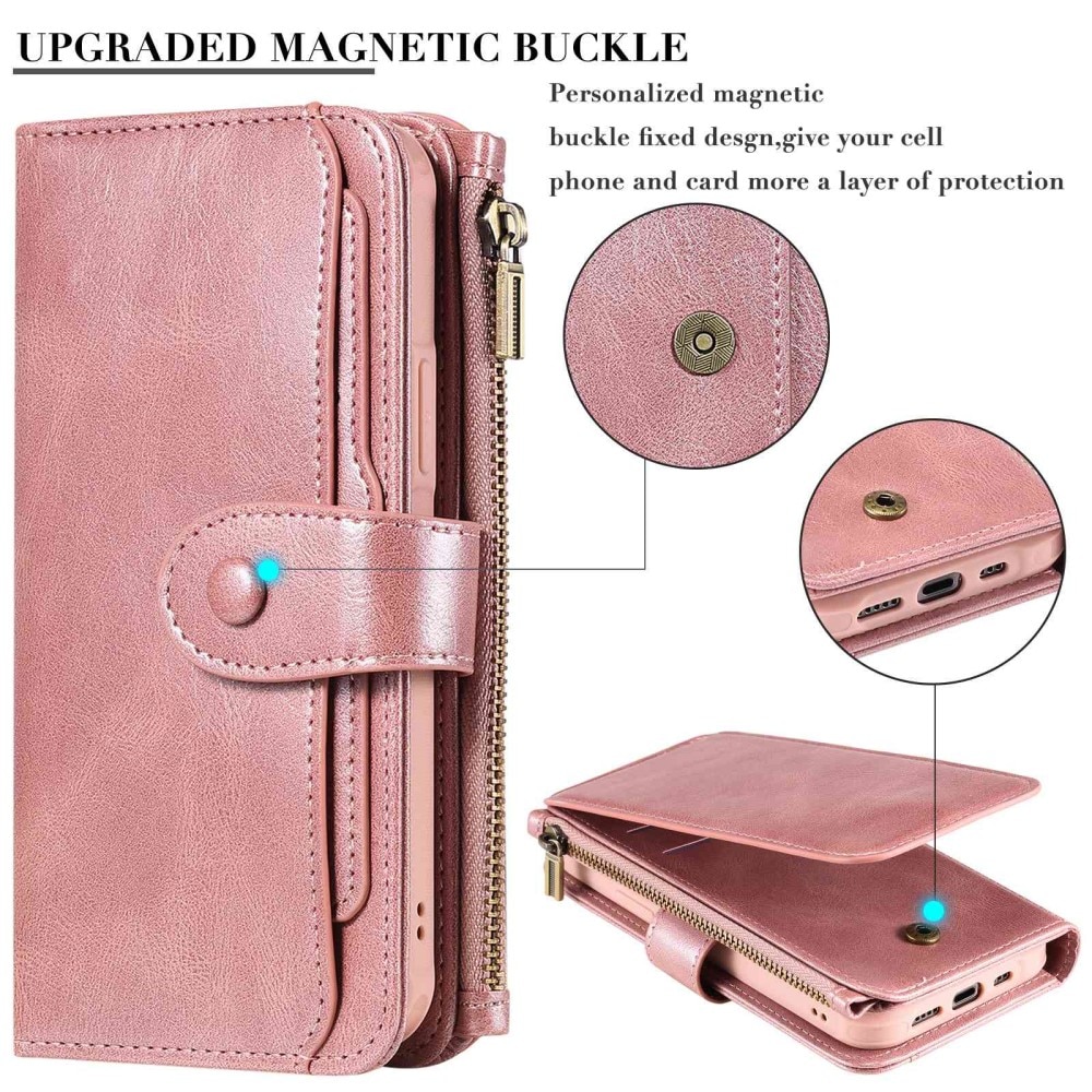 Magnet Leather Multi-Wallet iPhone 14 Pro vaaleanpunainen