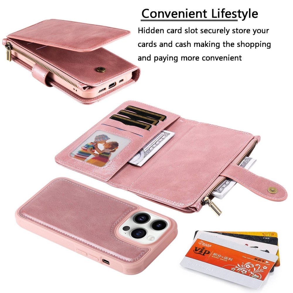 Magnet Leather Multi-Wallet iPhone 14 Pro vaaleanpunainen