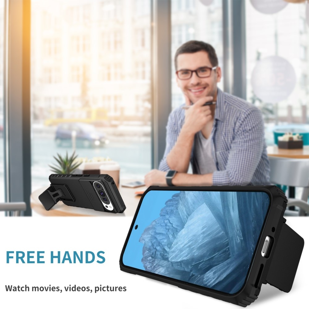 Google Pixel 9 Pro Kickstand Kotelo Kamerasuojalla Musta