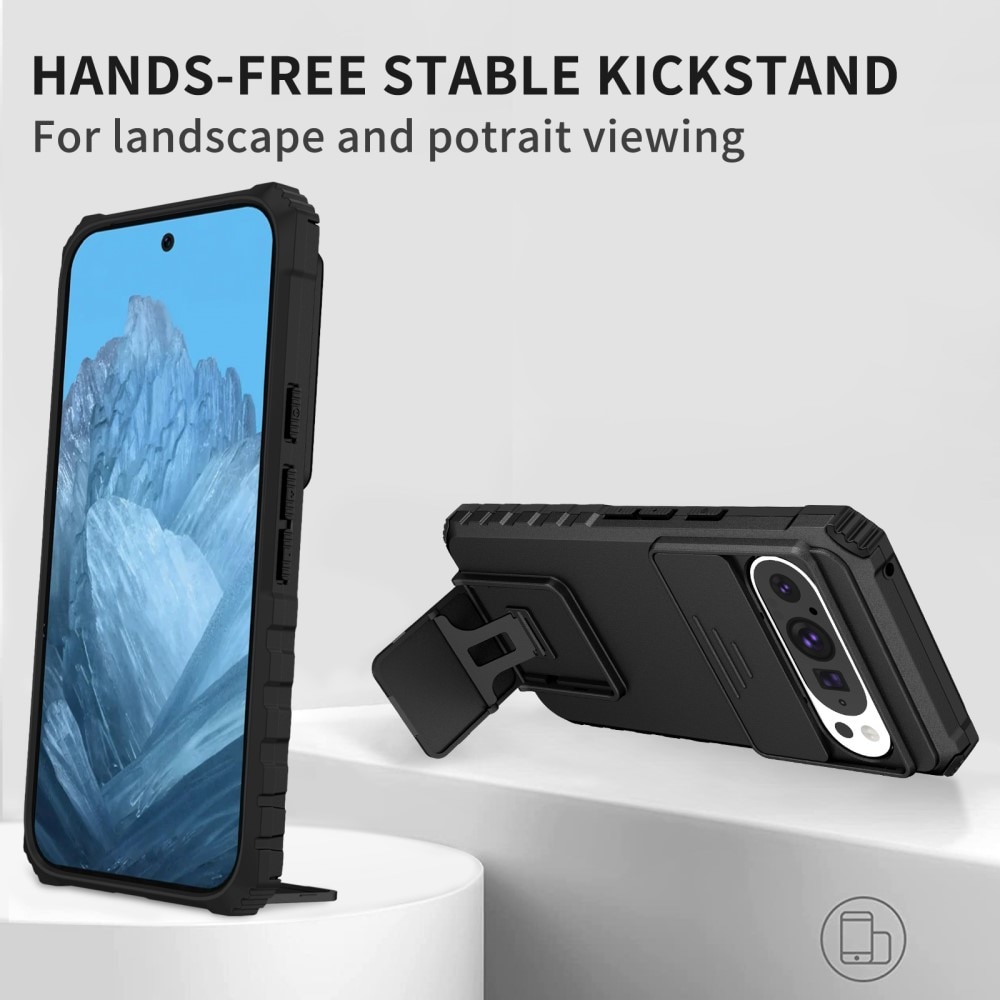 Google Pixel 9 Pro Kickstand Kotelo Kamerasuojalla Musta