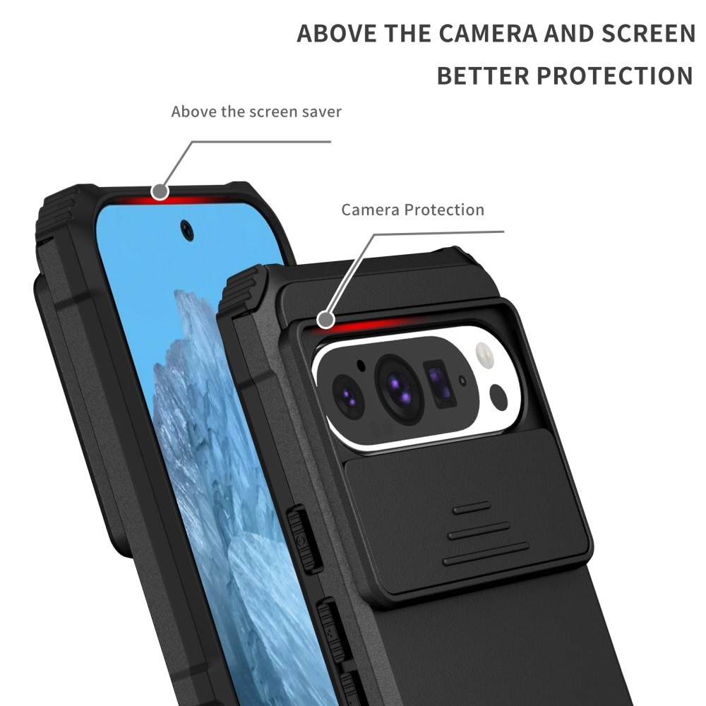 Google Pixel 9 Pro Kickstand Kotelo Kamerasuojalla Musta