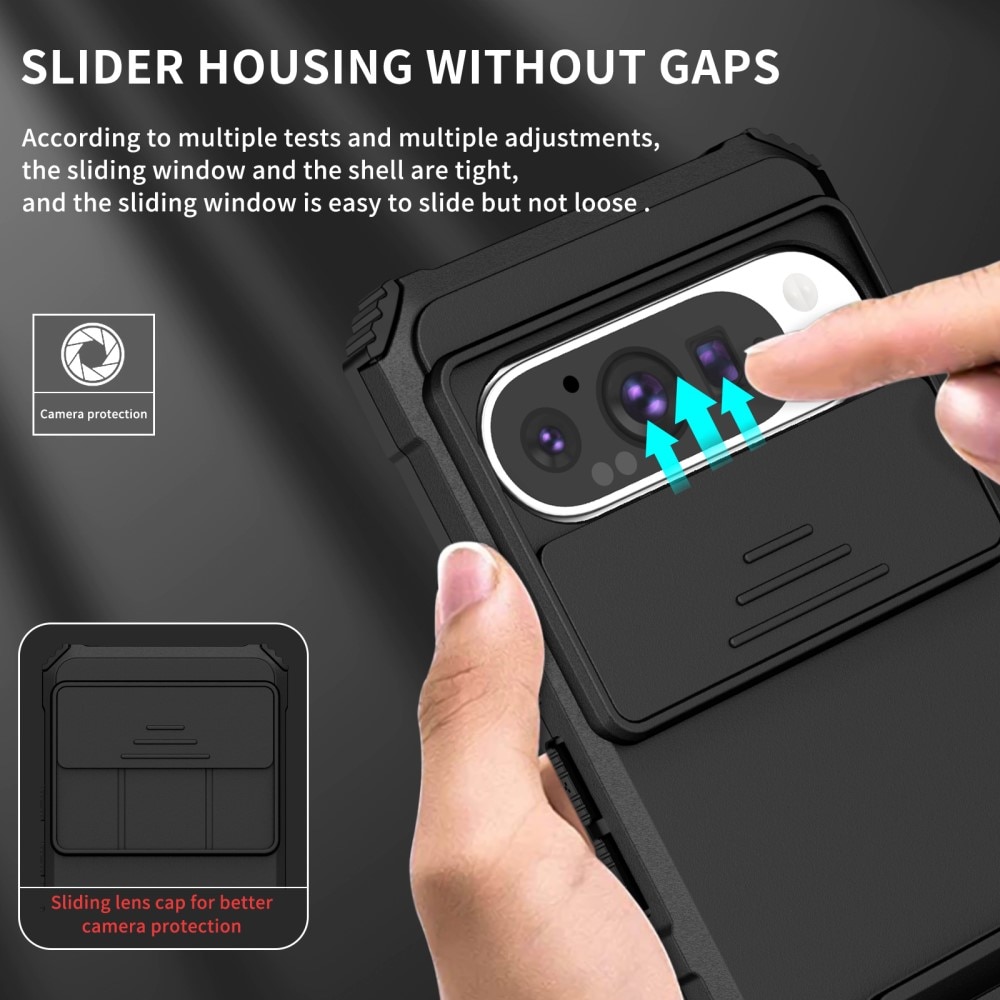 Google Pixel 9 Pro Kickstand Kotelo Kamerasuojalla Musta