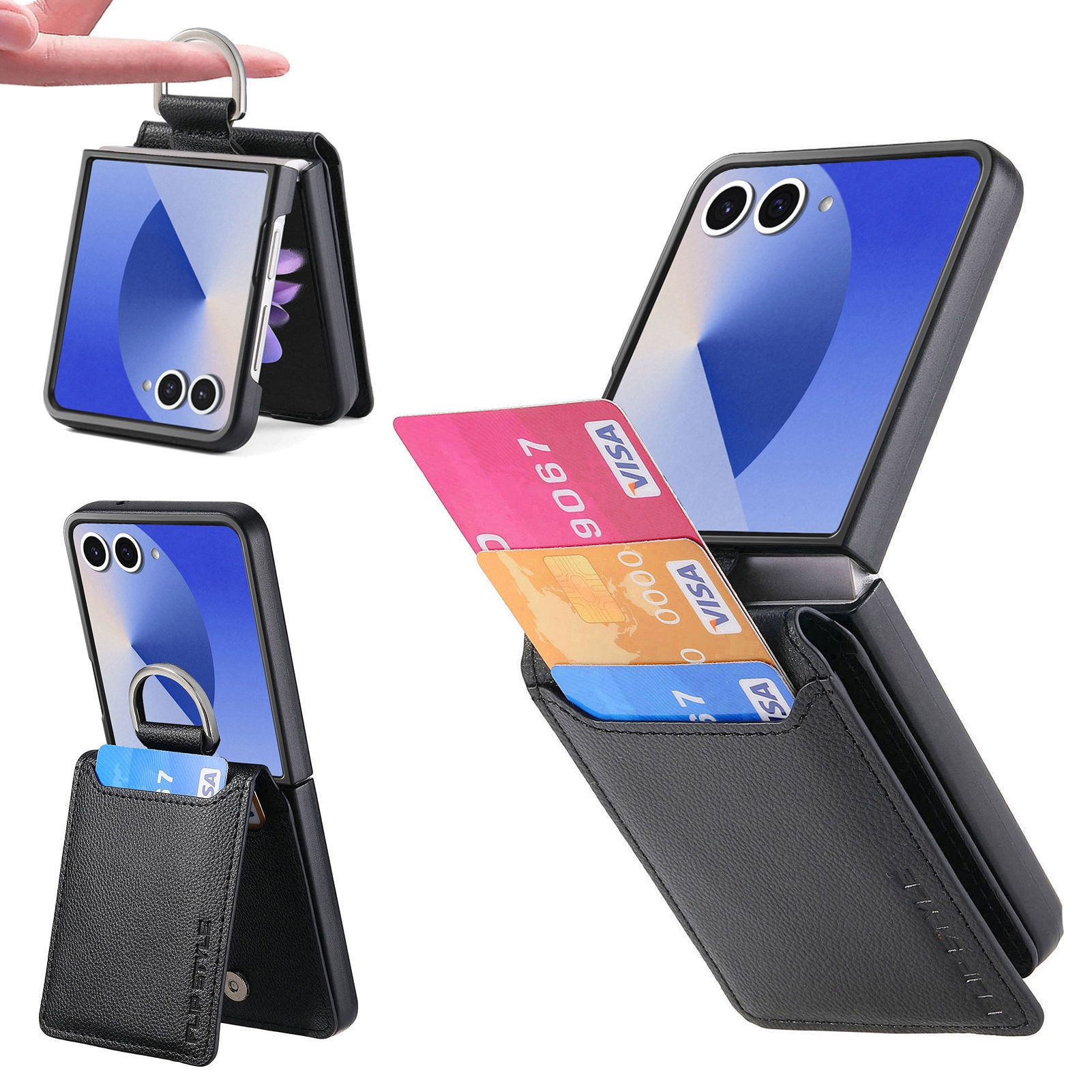 Samsung Galaxy Z Flip 7 Kuori Rengaspidikkeellä + Korttitasku musta