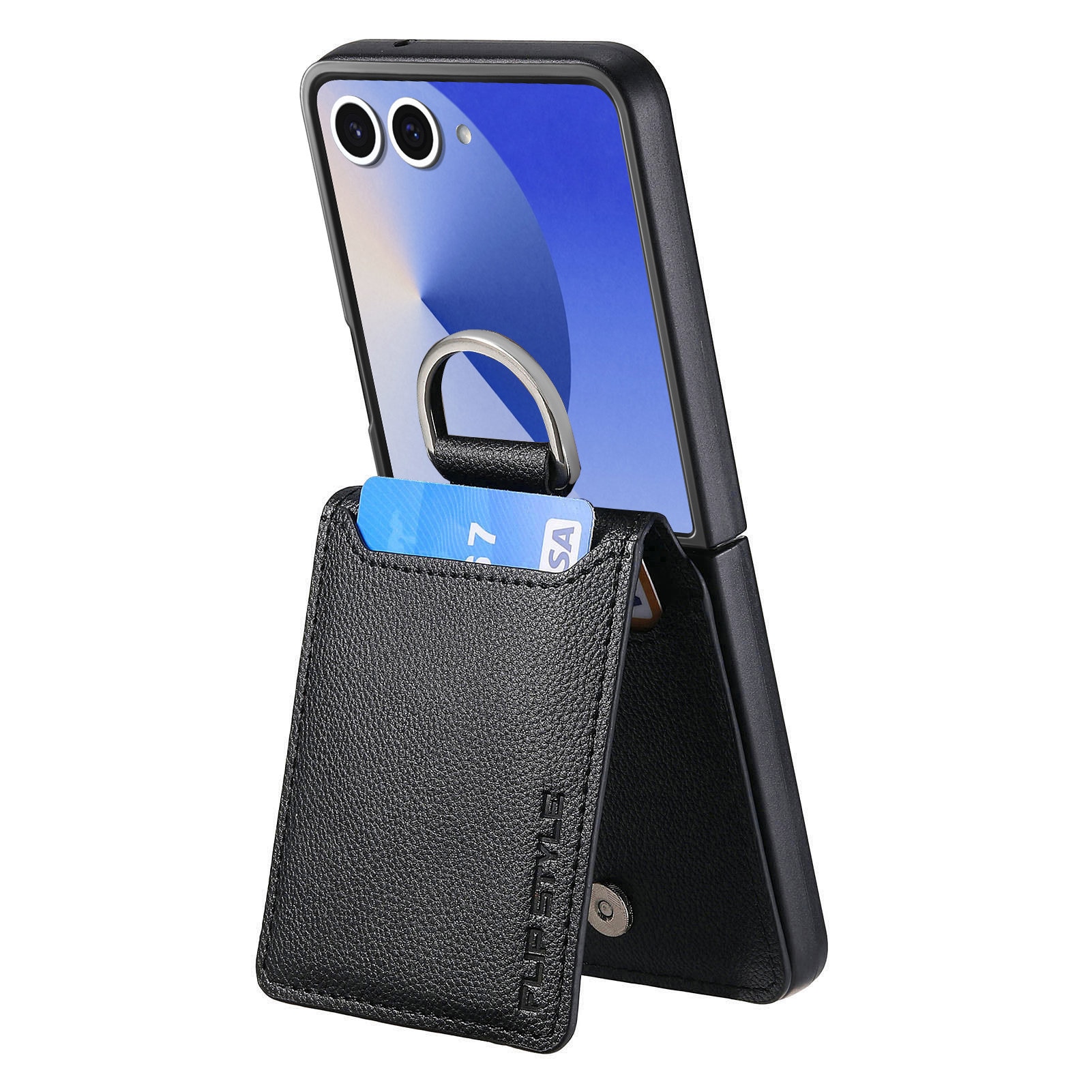Samsung Galaxy Z Flip 7 Kuori Rengaspidikkeellä + Korttitasku musta
