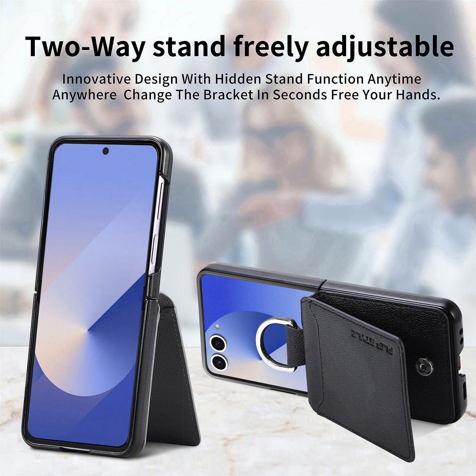 Samsung Galaxy Z Flip 7 Kuori Rengaspidikkeellä + Korttitasku musta