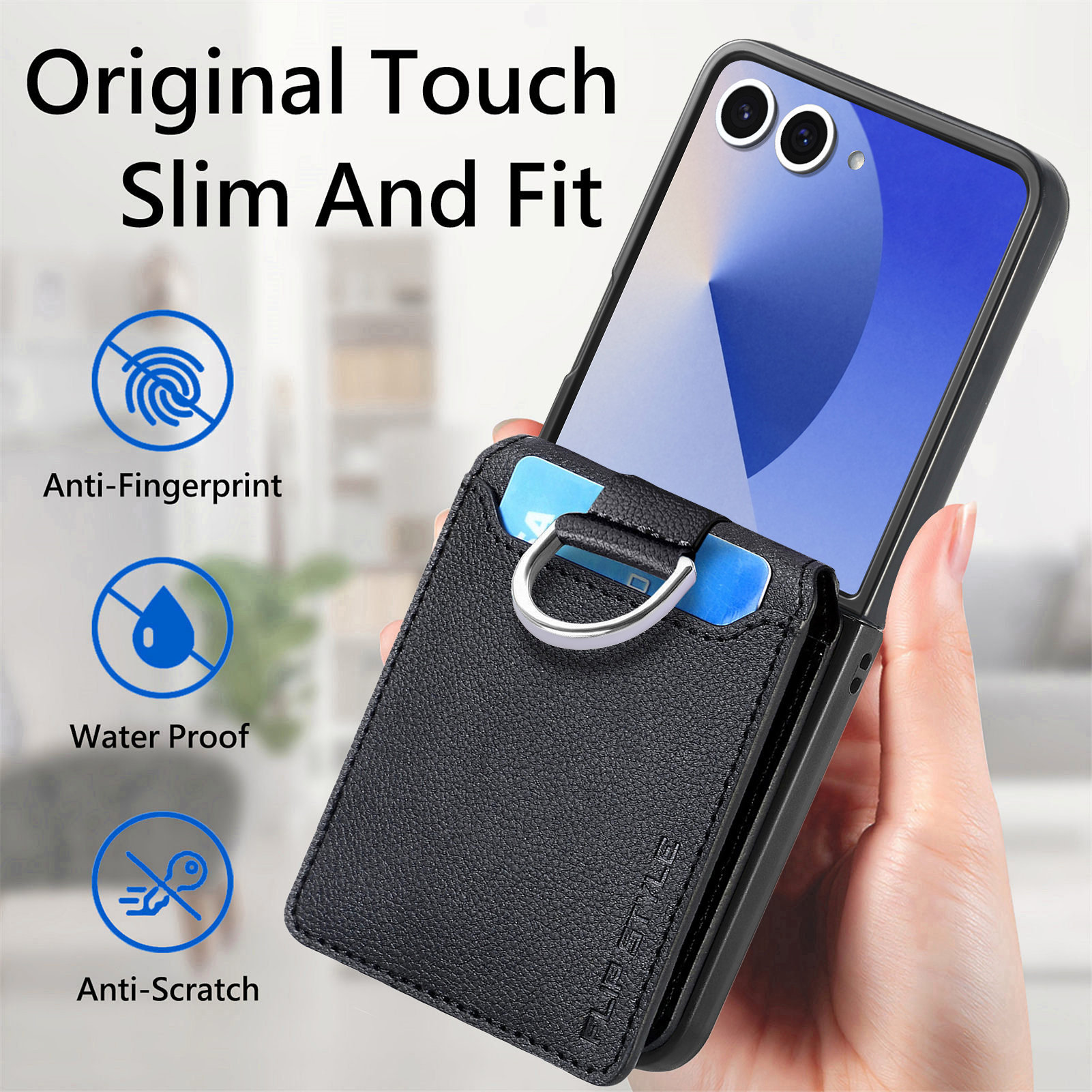 Samsung Galaxy Z Flip 7 Kuori Rengaspidikkeellä + Korttitasku musta