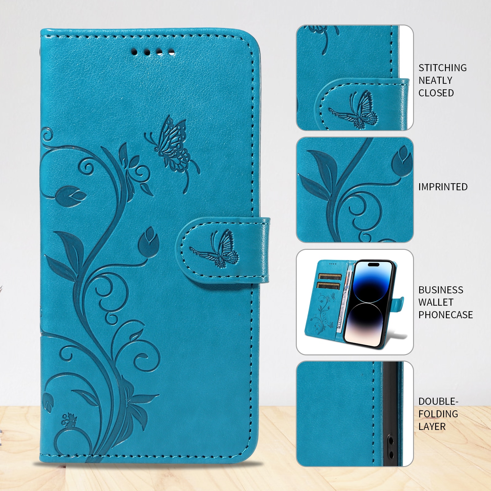 Nahkakotelo Perhonen Oppo Reno 14 F Sininen