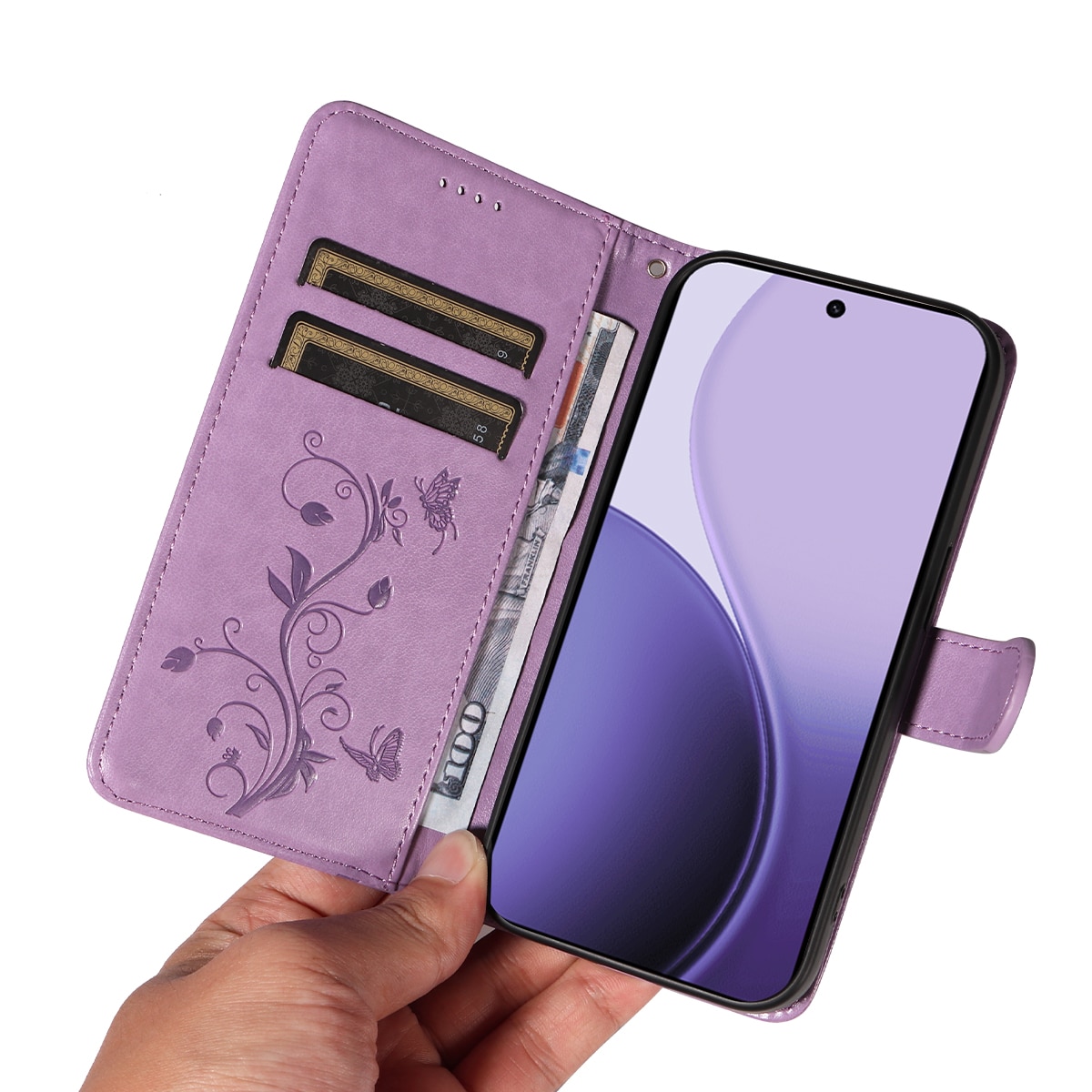 Nahkakotelo Perhonen Oppo Reno 14 Liila
