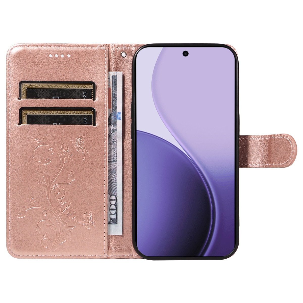 Nahkakotelo Perhonen Oppo Reno 14 Ruusukulta
