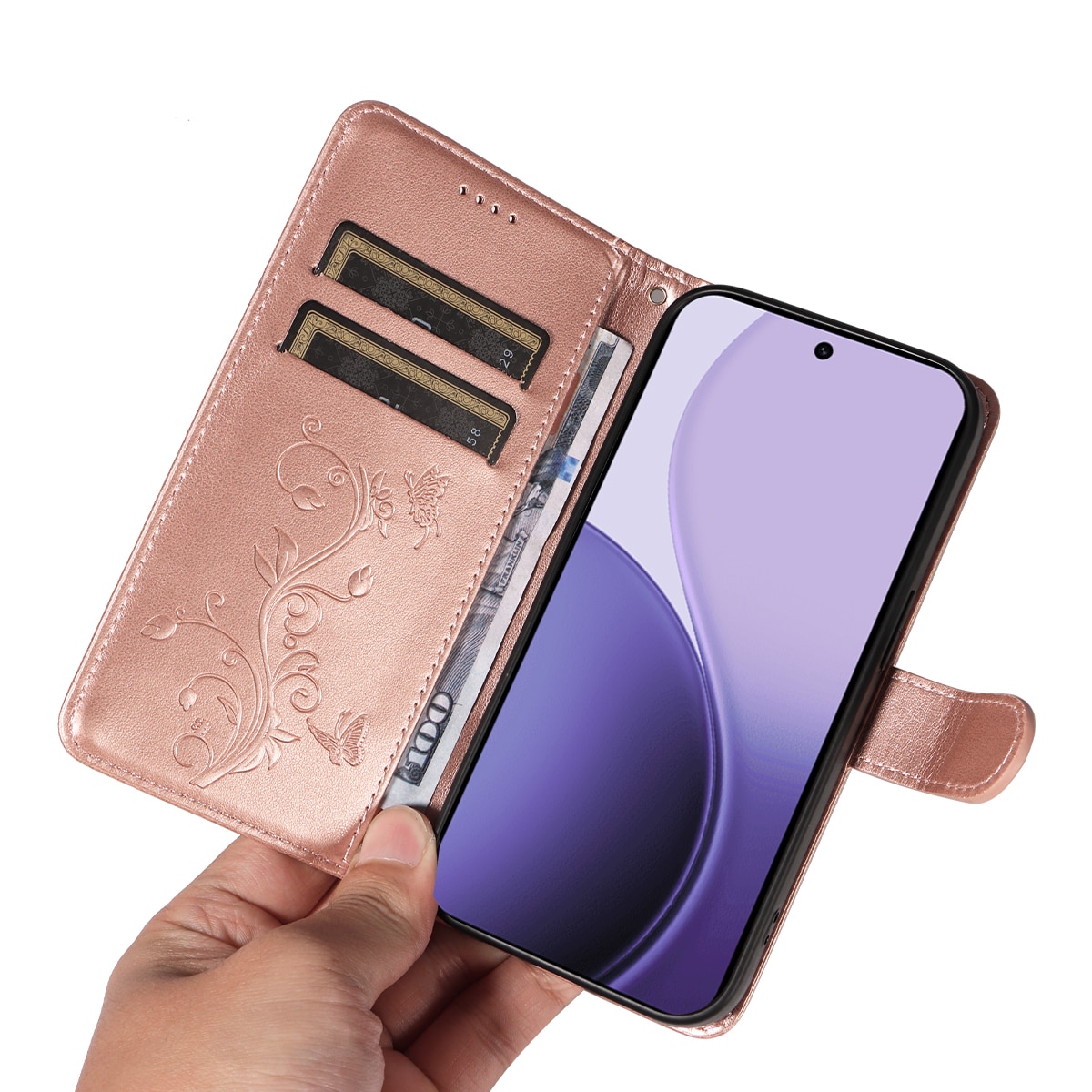 Nahkakotelo Perhonen Oppo Reno 14 Ruusukulta