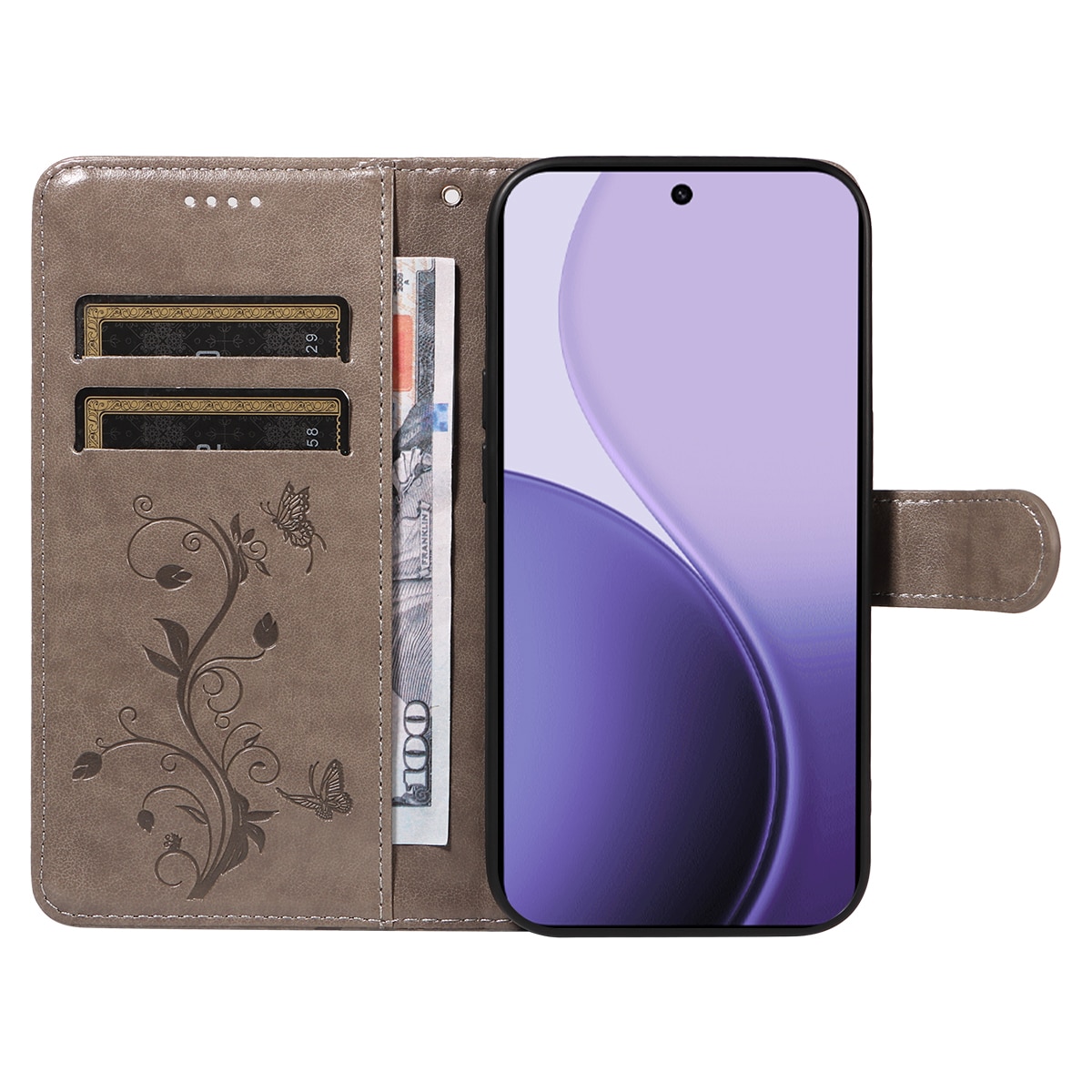 Nahkakotelo Perhonen Oppo Reno 14 F Harmaa