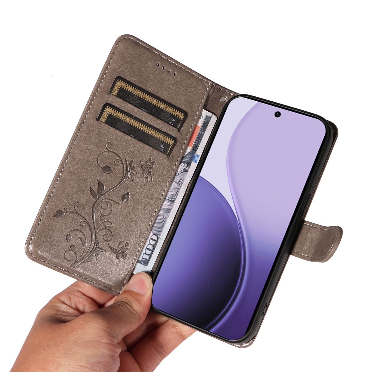 Nahkakotelo Perhonen Oppo Reno 14 F Harmaa