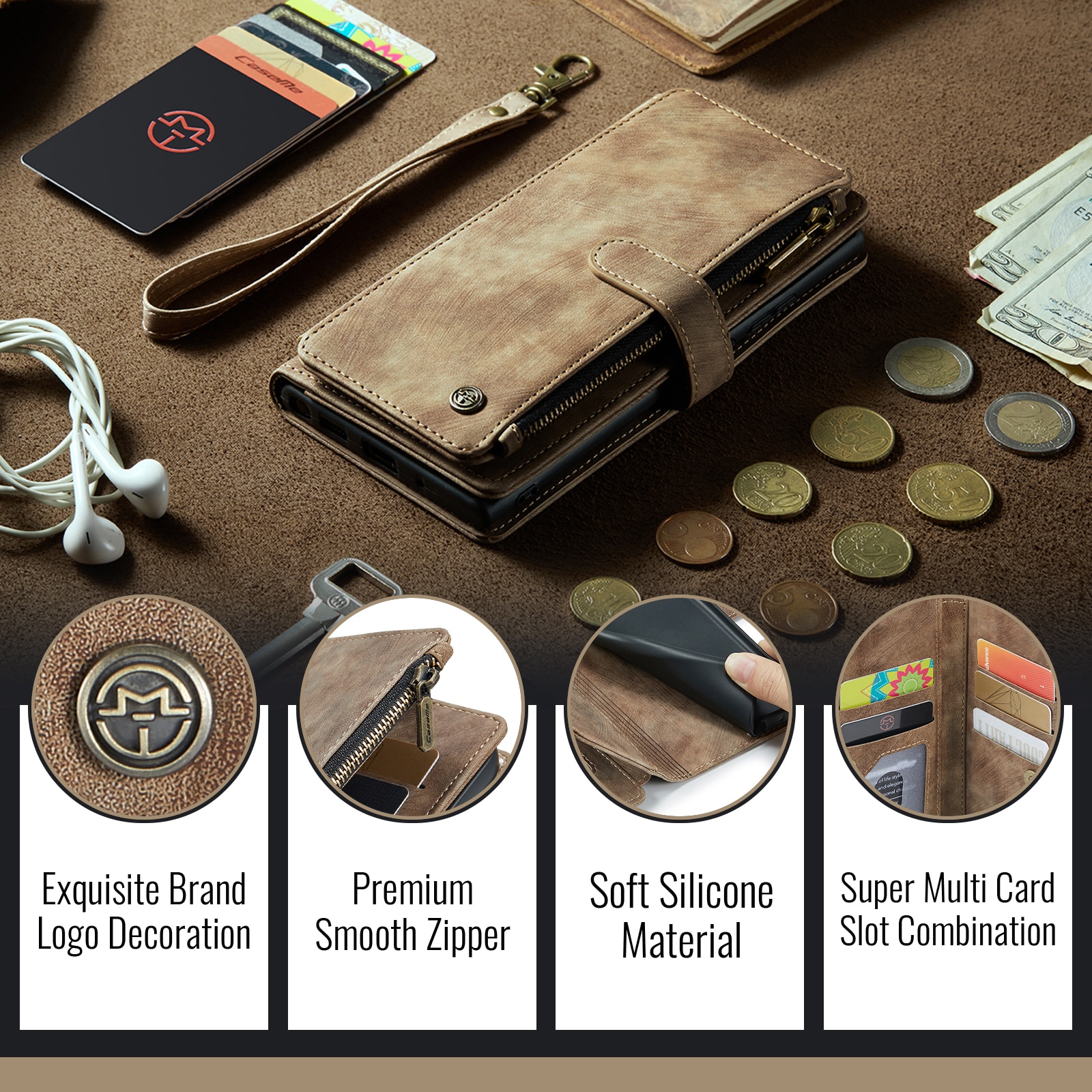 Zipper Wallet iPhone 17 Ruskea