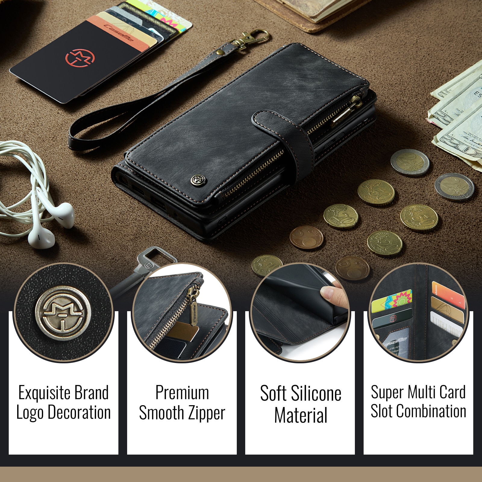 Zipper Wallet iPhone 17 Musta