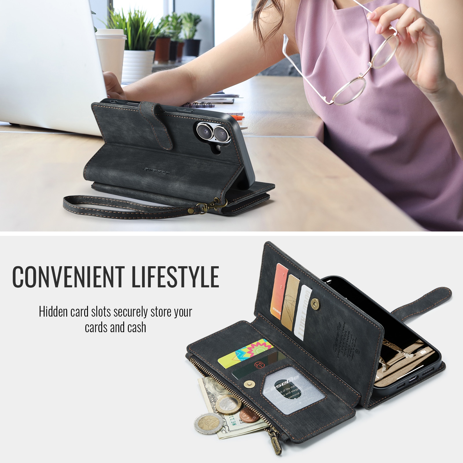 Zipper Wallet iPhone 17 Musta
