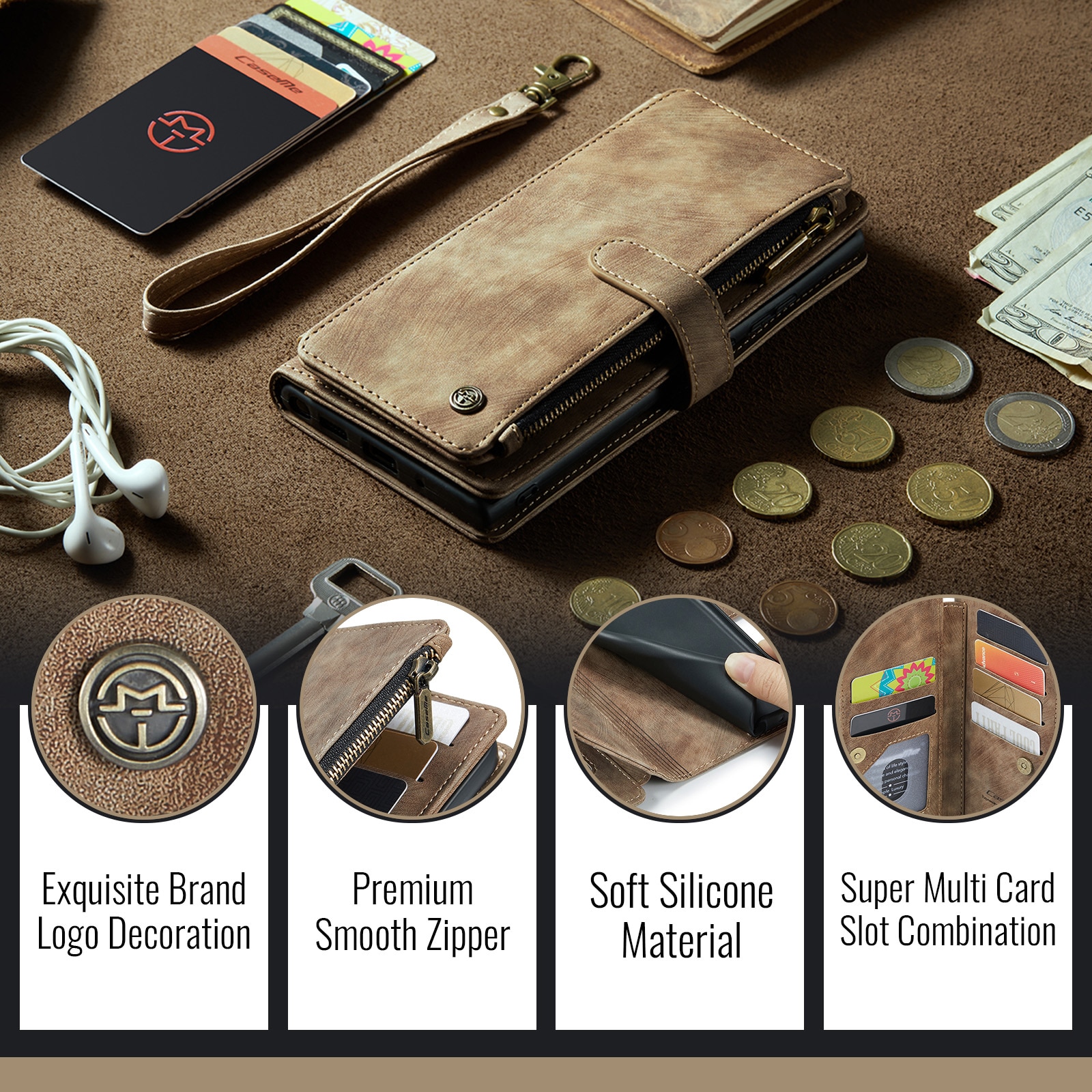 Zipper Wallet iPhone 17 Pro Ruskea