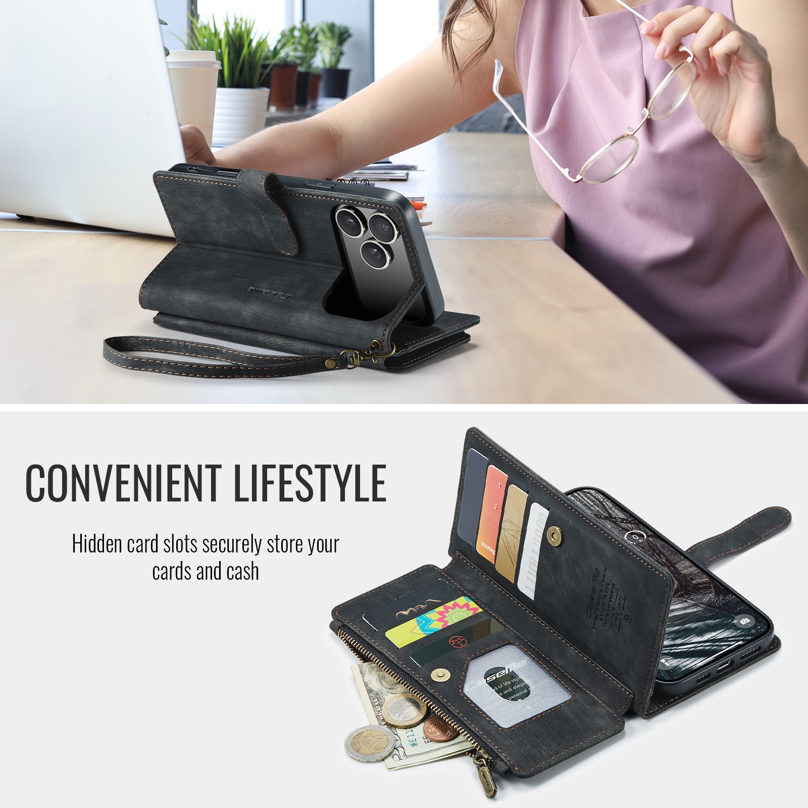 Zipper Wallet iPhone 17 Pro Max Musta