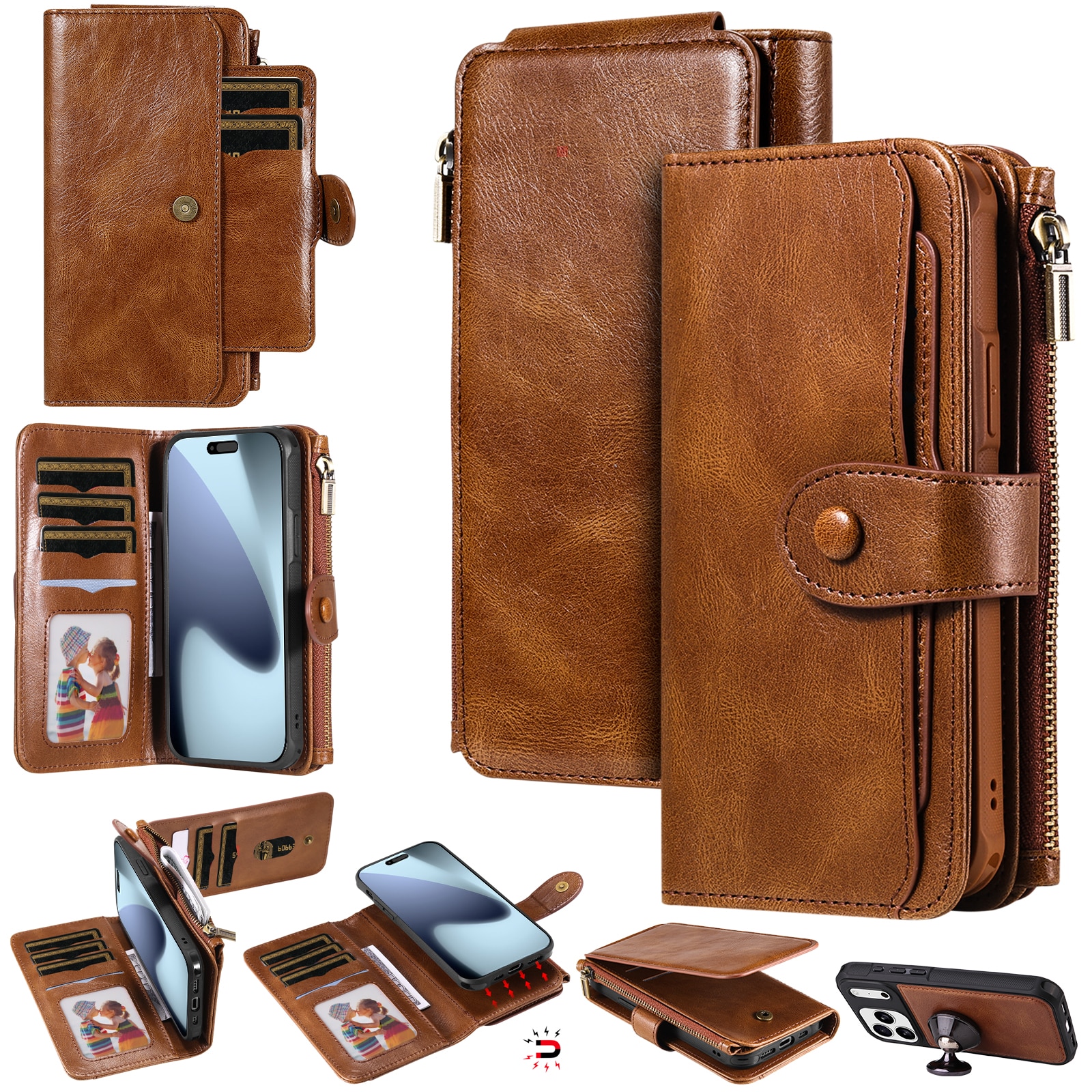 Magnet Leather Multi-Wallet iPhone 17 Pro Ruskea