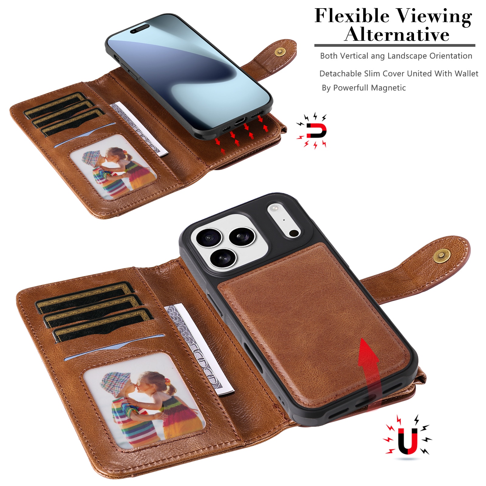 Magnet Leather Multi-Wallet iPhone 17 Pro Ruskea