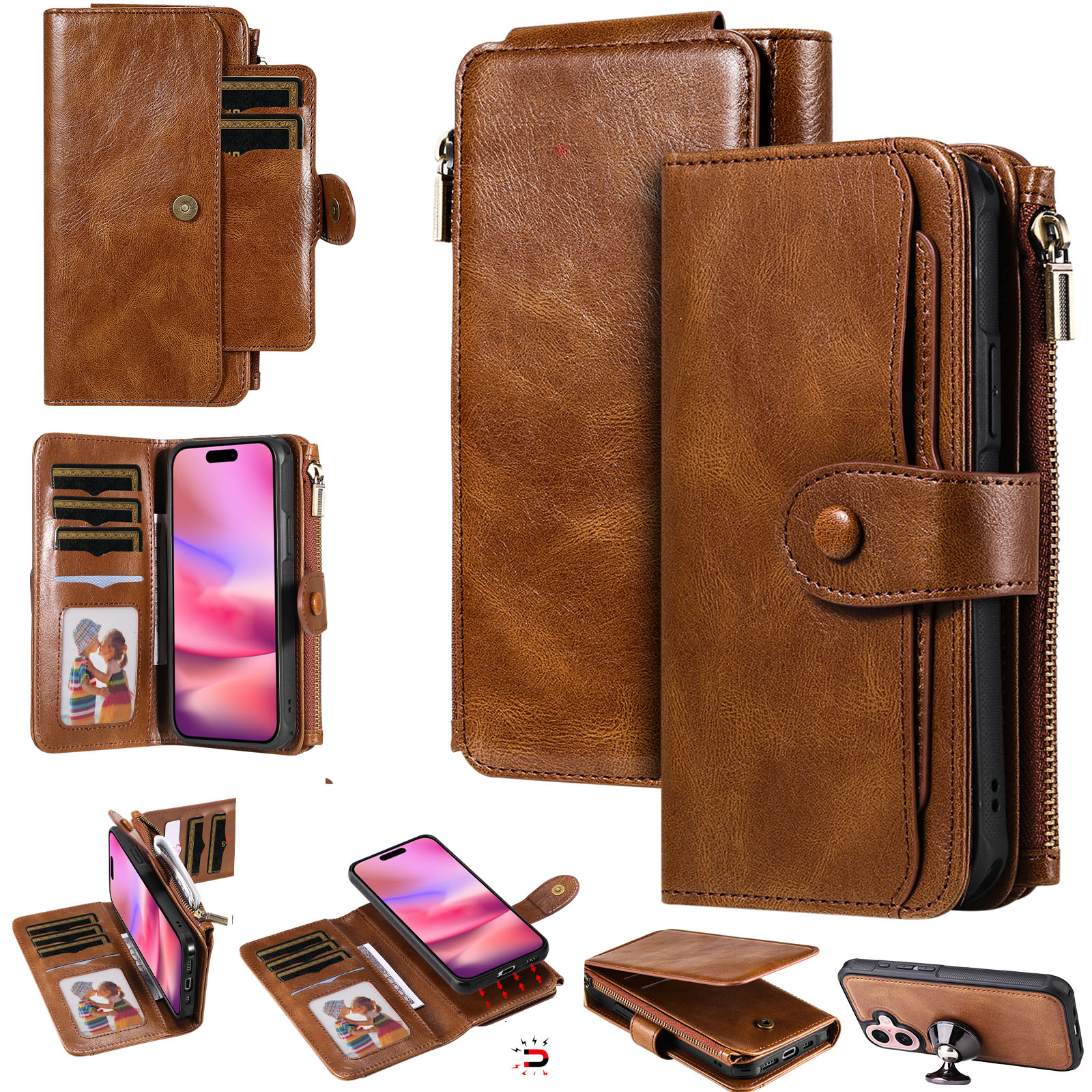 Magnet Leather Multi-Wallet iPhone 17 Ruskea