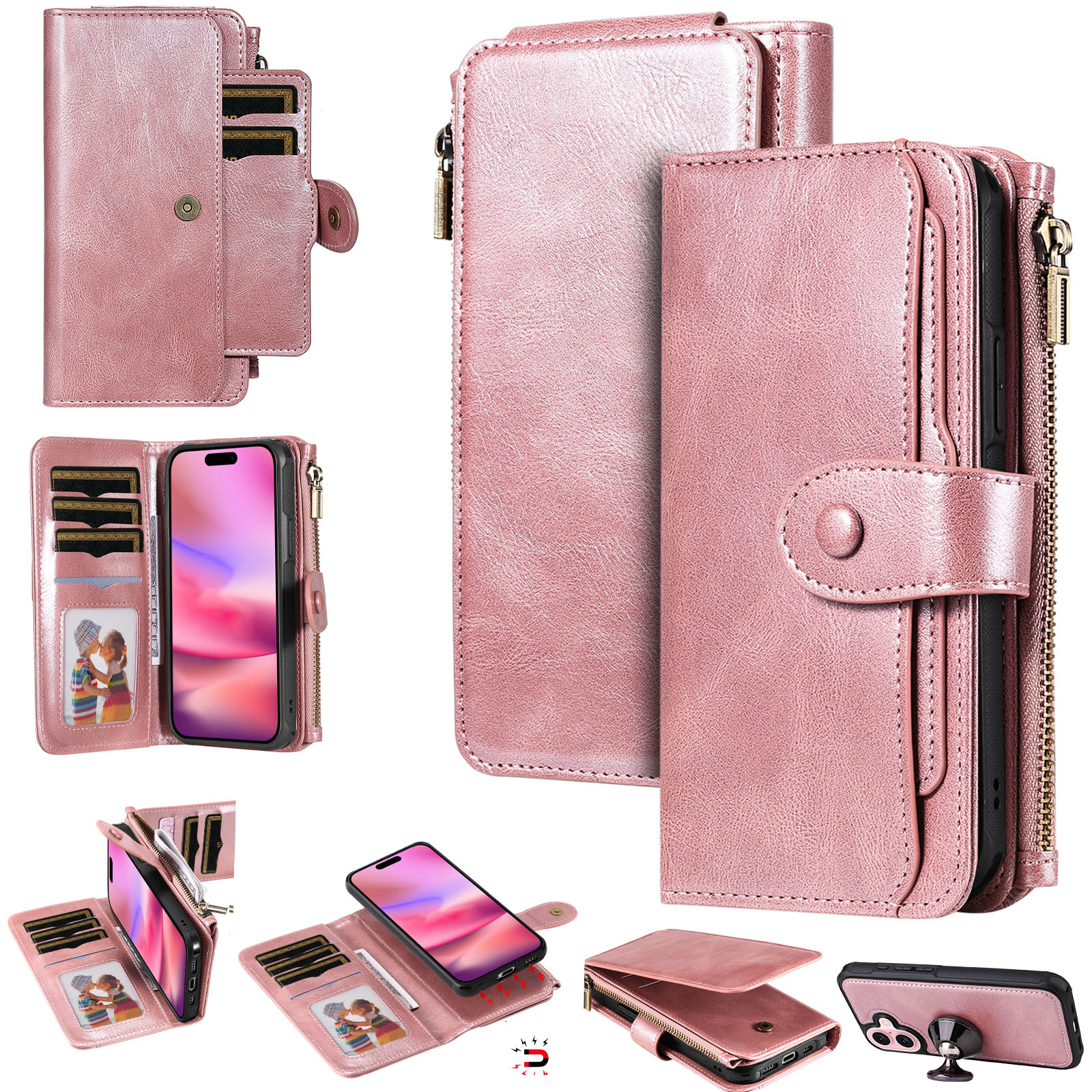 Magnet Leather Multi-Wallet iPhone 17 Vaaleanpunainen