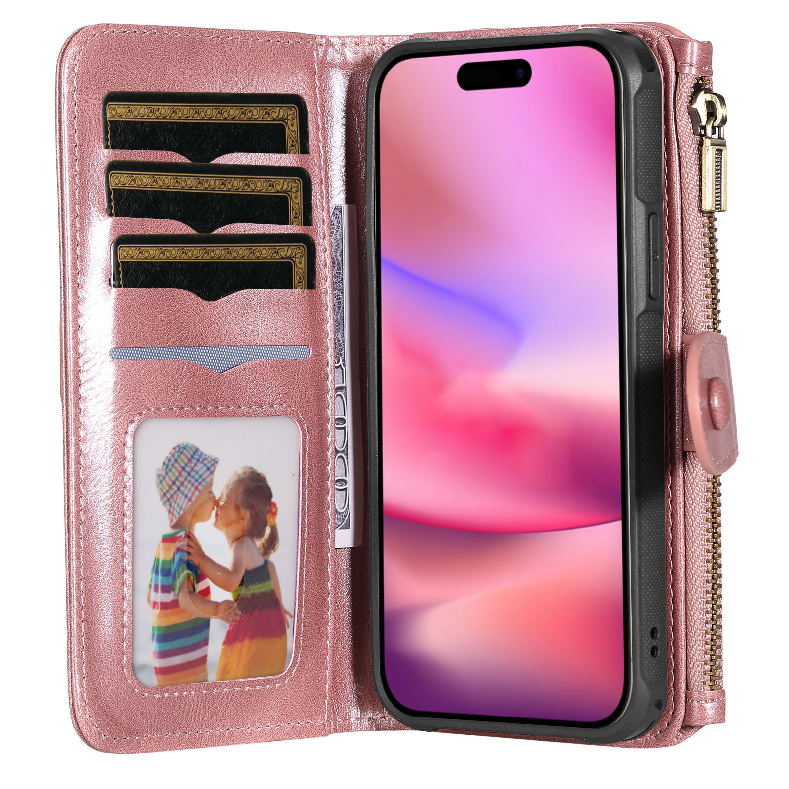 Magnet Leather Multi-Wallet iPhone 17 Vaaleanpunainen