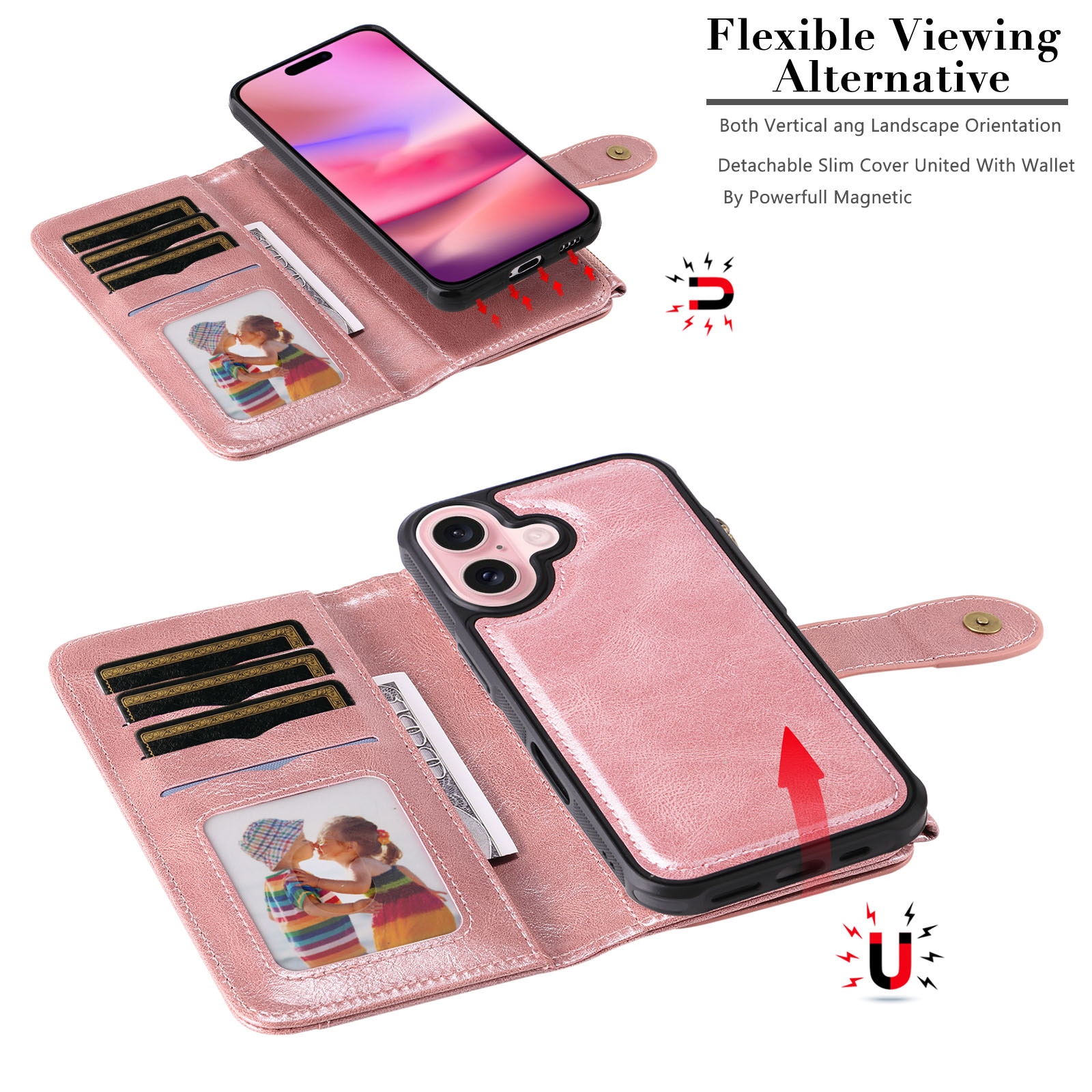 Magnet Leather Multi-Wallet iPhone 17 Vaaleanpunainen