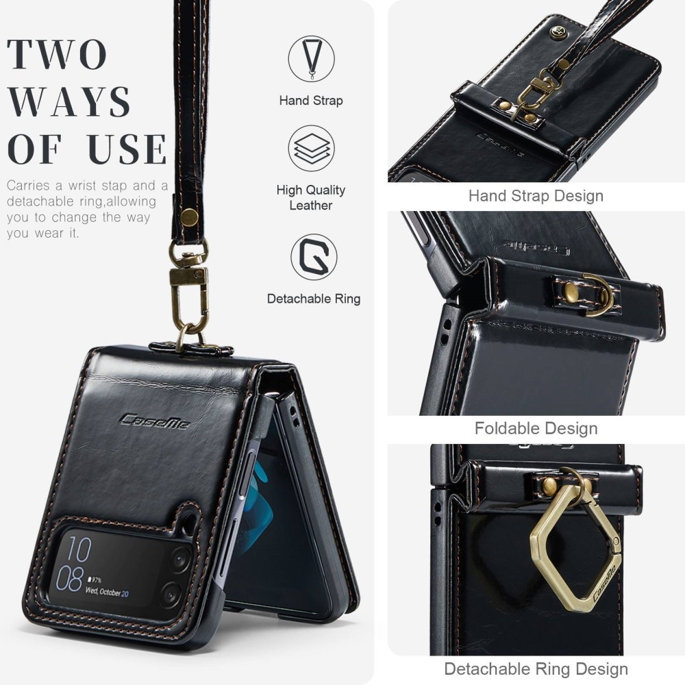 Leather Wallet Handstrap Samsung Galaxy Z Flip 4 musta